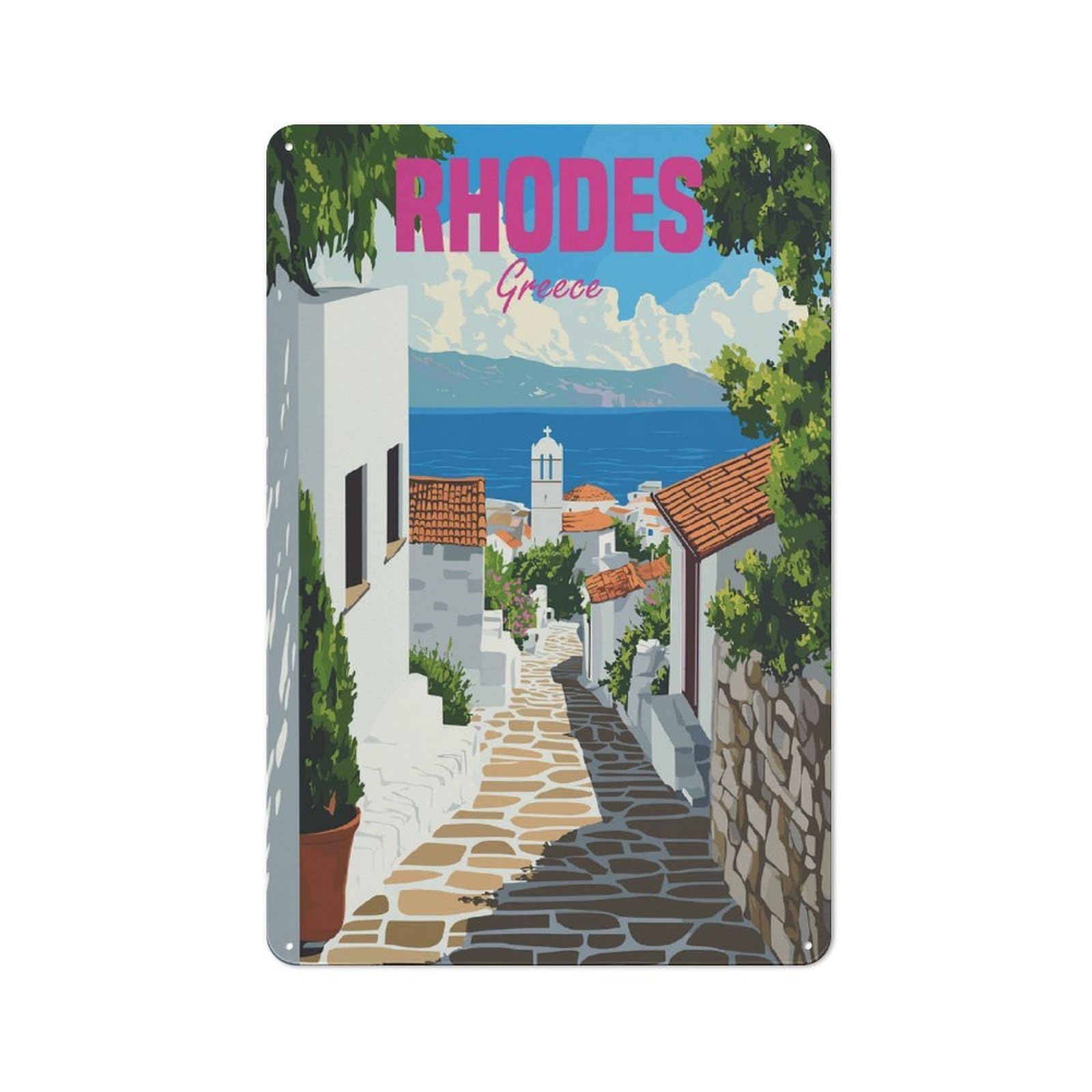 Rhodes Greece Travel Country Metal Wall Decor 30x20cm, Decorative Tin Sign for Farmhouse Kitchen, Pantry Or Dining Area