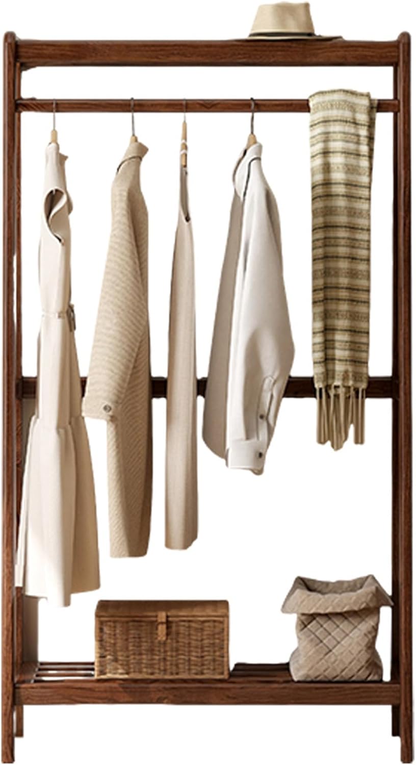 Solid Wood Clothes Rack, Clothing Rack with 2 Shelves Storage, Floor-Standing Coat Rack for Bedroom, Living Room, Entryway,Walnut