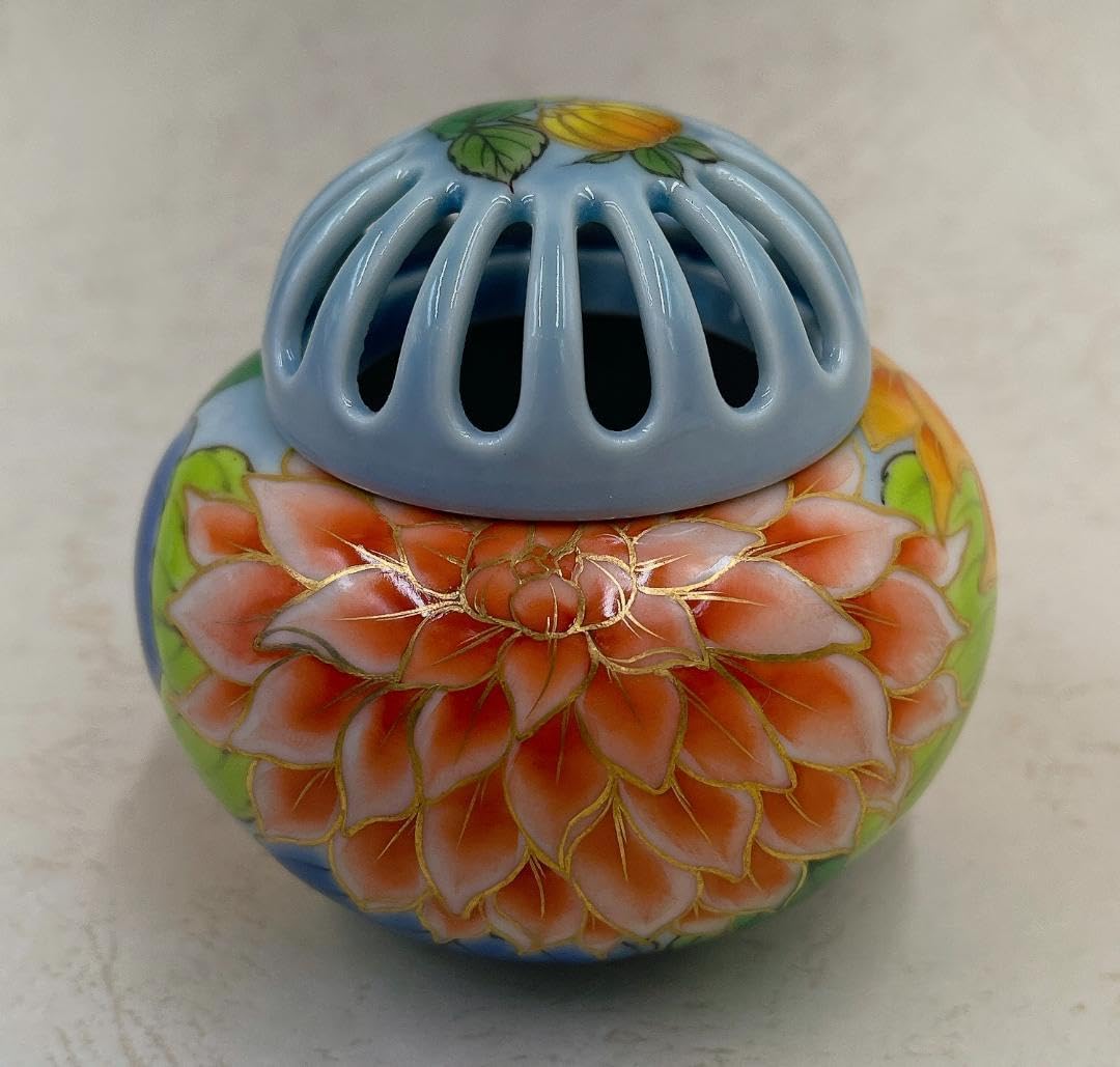 絶品！清水焼香炉☆手描きオーダー発注品◇水色地×ダリア