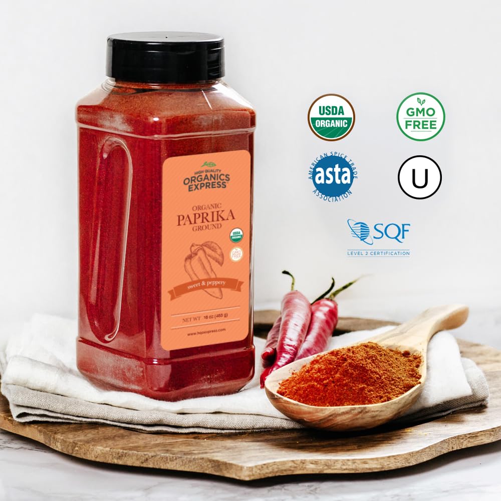 HQOExpress Organic Paprika – Non GMO, Kosher, USDA Certified Organic Ground Paprika Powder – Sweet and Mildly Spicy Seasoning for Soups, Chilis, Sauces and Stews, 16 oz. Chef Jar