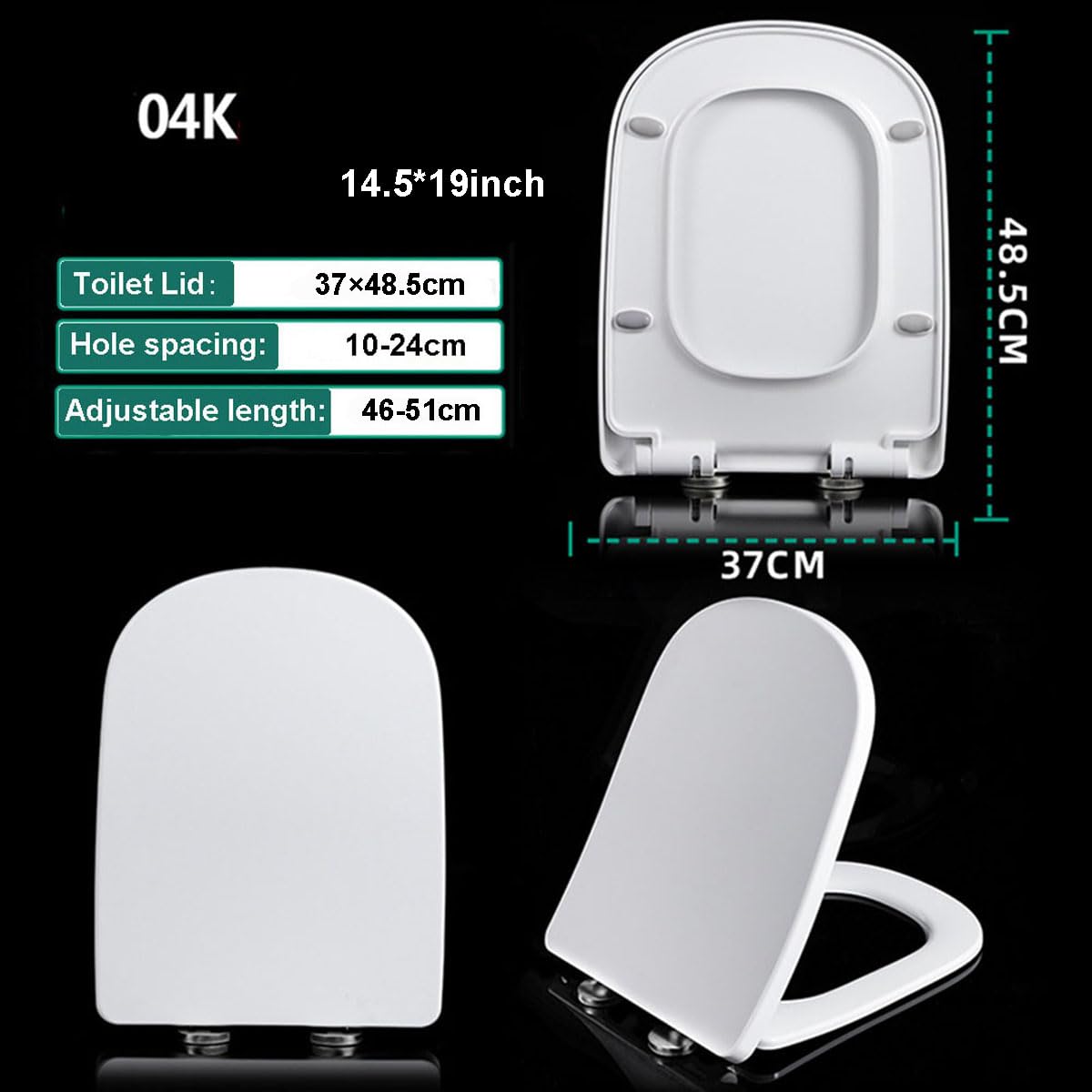 Asiento de inodoro cuadrado de cierre suave con bisagra de liberación rápida, bisagras ajustables, asiento de inodoro cuadrado blanco 04K (04k)