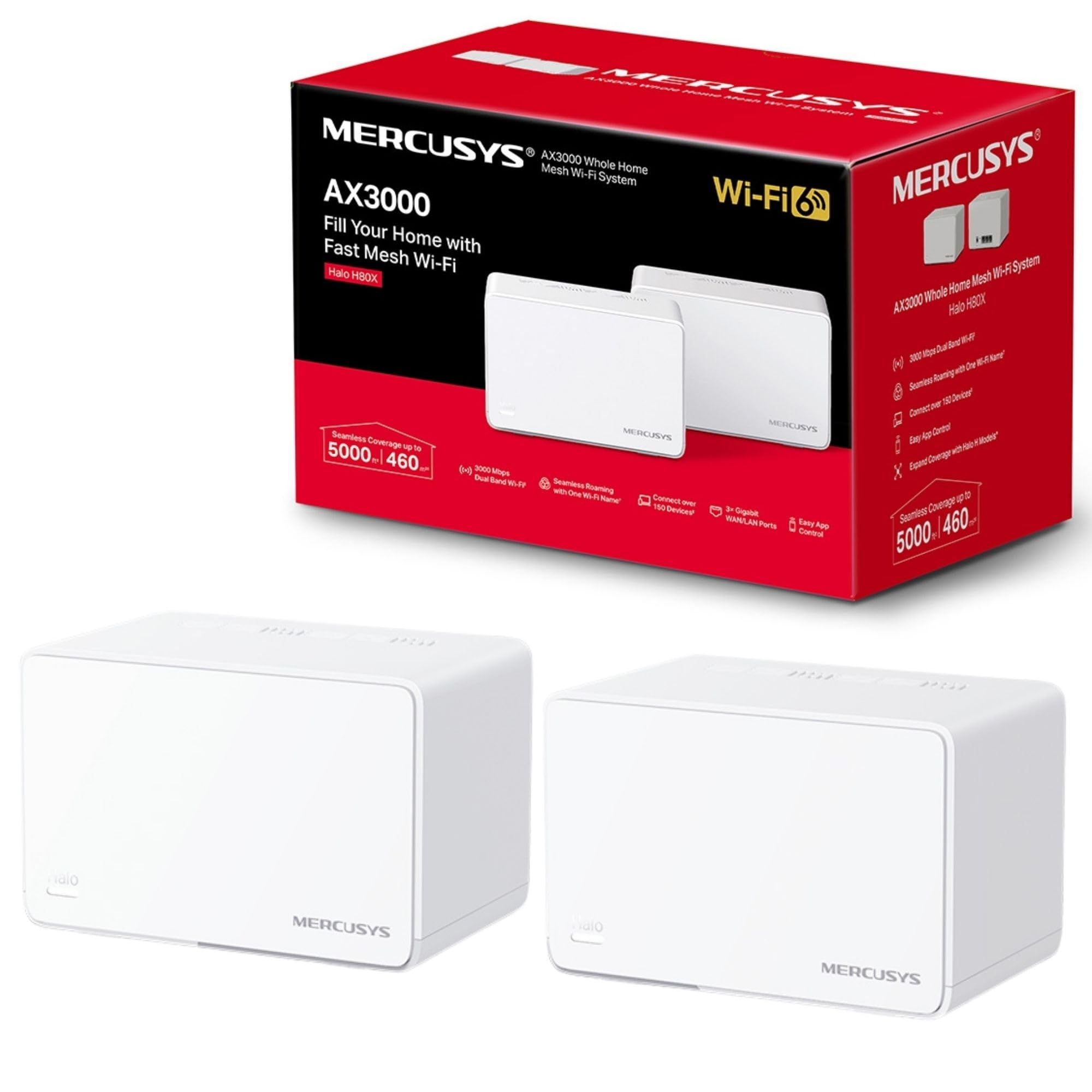 Mercusys Sistema AX3000 Whole Home Mesh Wi-Fi 6, cobertura de hasta 460 m², hasta 150 dispositivos, canales 160 MHz, puertos Gigabit, control fácil de la app, Halo H80X