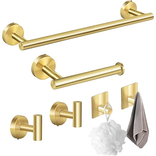 Towel Hang 6-Piece for Bathroom, Brushed Gold SUS 304 Stainless Steel Kit with 16" Towel Holder, Toilet Paper Holder & 4 Hooks, Towel Holder Accessories Set
