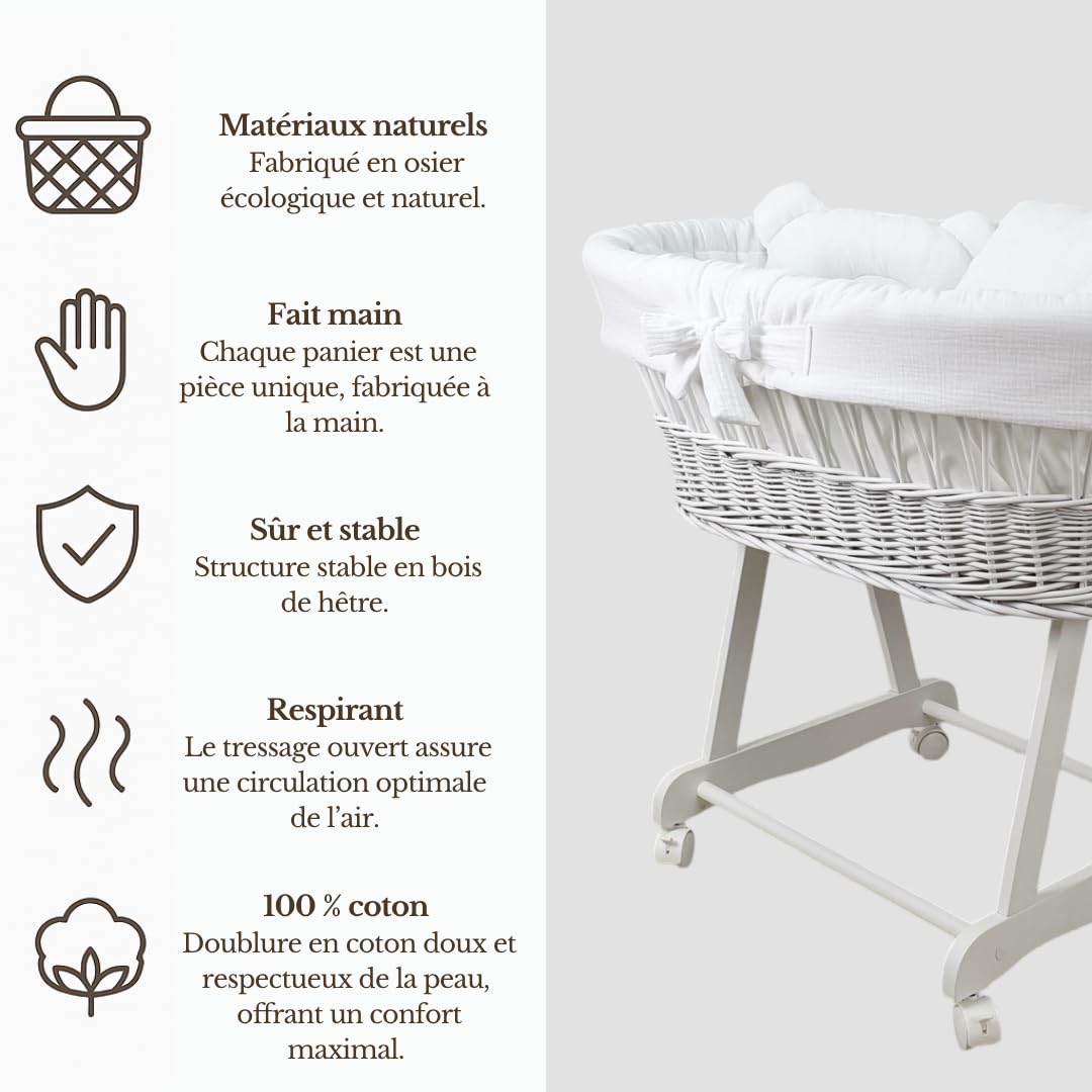 Wiklinopol Couffin Bébé Amelia en Osier avec Support et Matelas – Berceau à roulettes en Blanc – Ensemble 4 Pièces de Linge en Mousseline Blanc – Portable et Idéal pour Nouveau-Né
