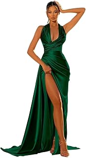 Satin Halter Bridesmaid Dresses V Neck Long with Slit Mermaid Prom Dress for Women Formal Gown with Train IIF051