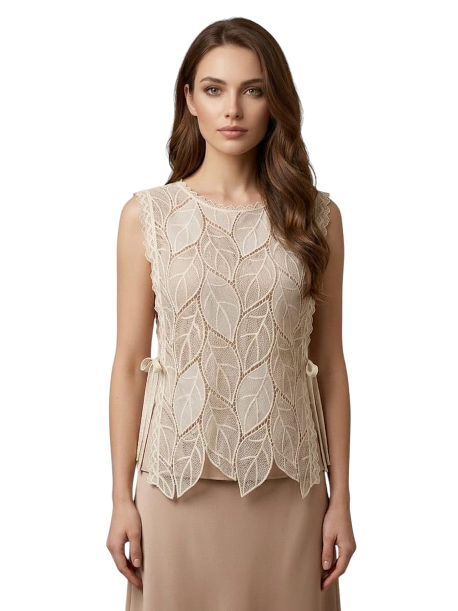 Women's Crochet Lace Top, Ivory, Sleeveless Boho Chic Style, Side-Tie Vest with Leaf Pattern-picture-11
