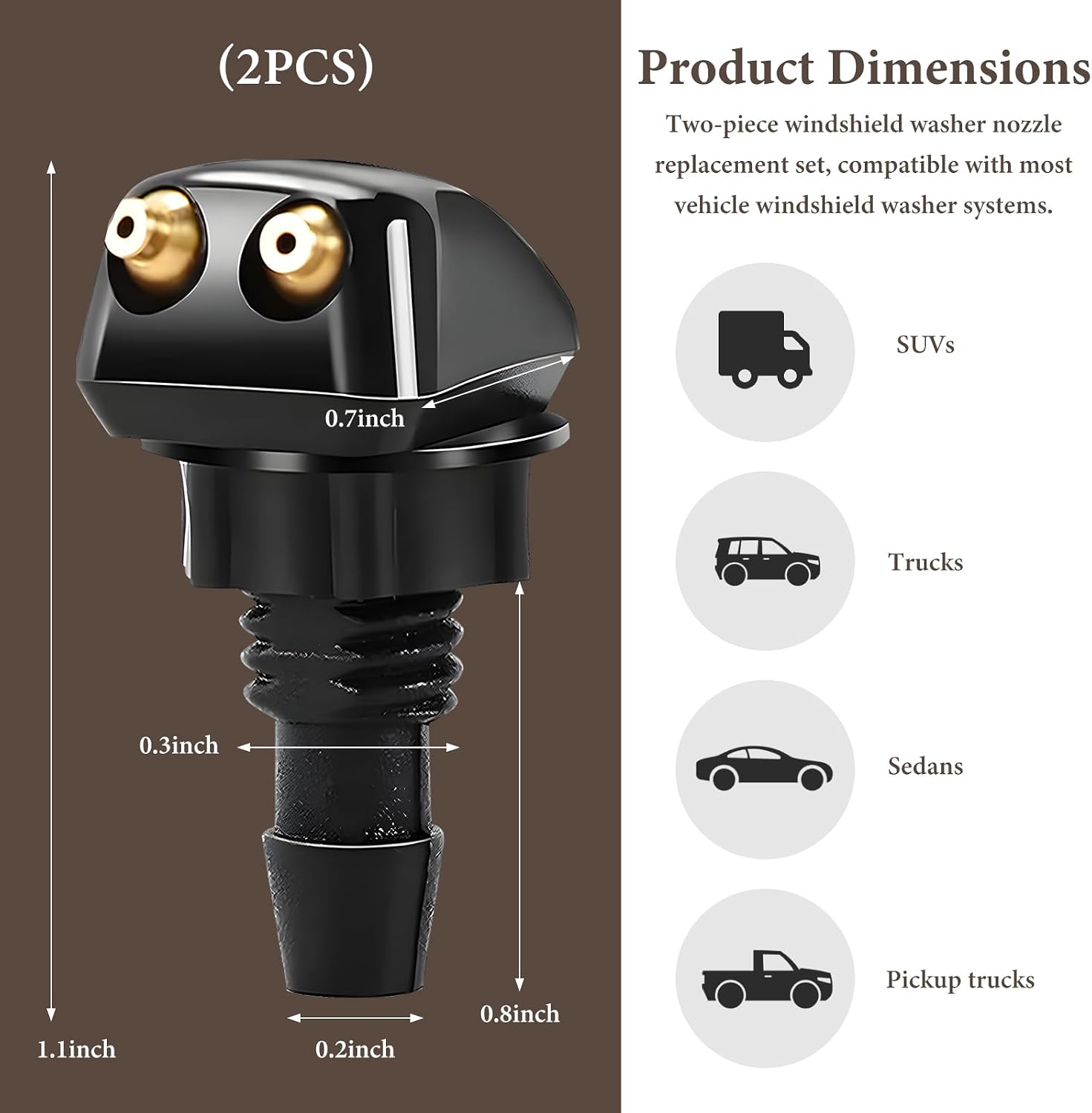 Sun Walker 2 PCS Front Windshield Washer Nozzles, Double-Hole Straight Column Auto Wiper Water Sprayers, Front Windshield Squirter Nozzle Replacement for Most Cars SUVs Trucks