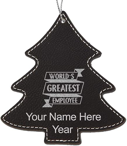 LaserGram Personalized Christmas Ornament, World's Greatest Employee, Faux Leather, Custom Laser Engraved Gift Idea (Tree Shape, Black with Silver)