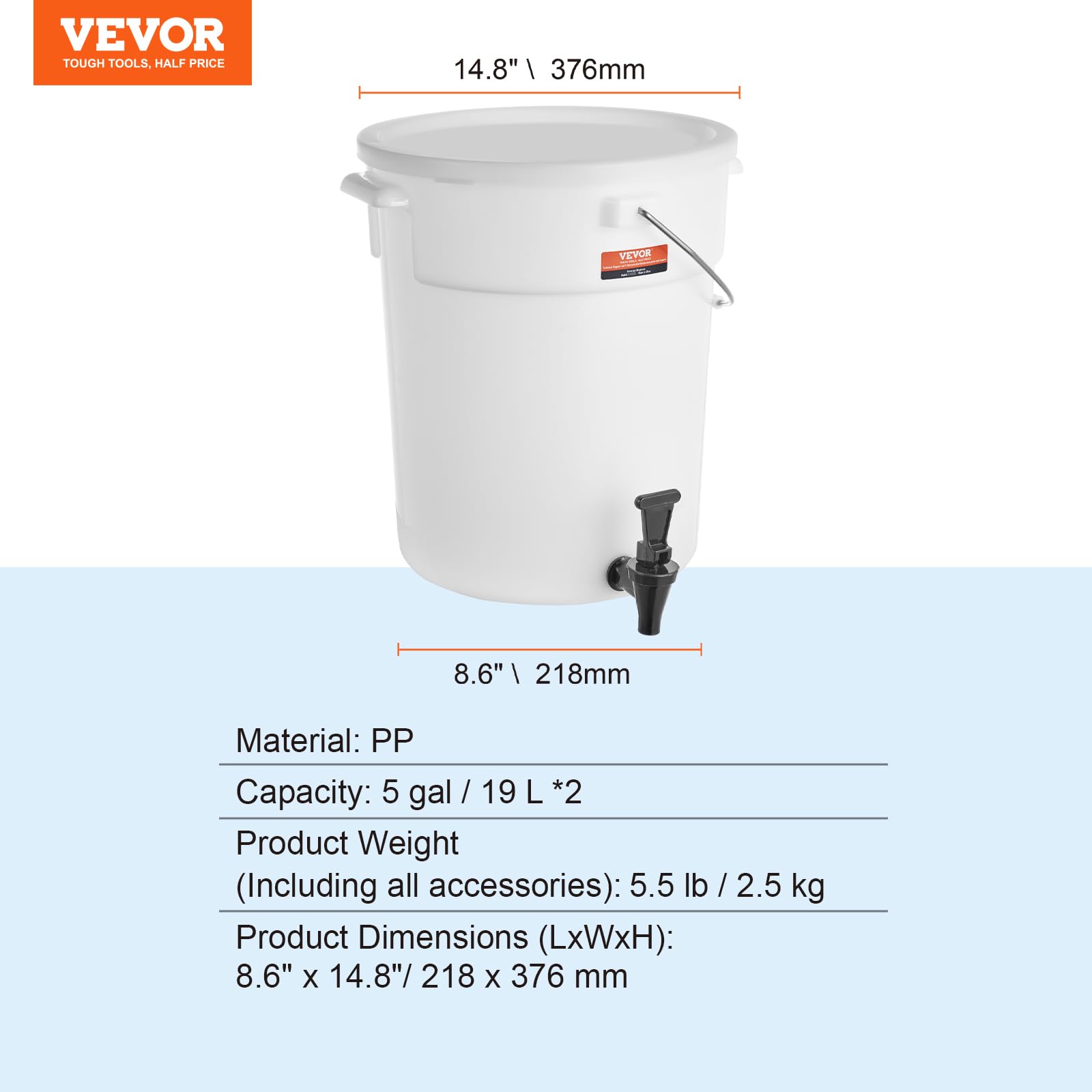 VEVOR Distributeur de Boissons 2 PCs Grande Capacité de 19 L, Fontaine à Eau avec Robinet et Couvercle, en Plastique, Distribution de Jus Limonade Thé Glacé, pour Restaurants, Hôtels, Cafés, Soirées