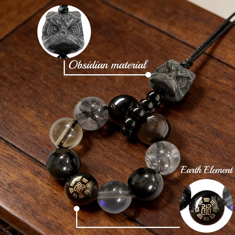 Natural Obsidian Quartz Beaded Keychain – Black Obsidian Healing Stone Pendant with Carved Accent, Lucky Spiritual Charm for Bag Decoration & Key Accessory - Image 2