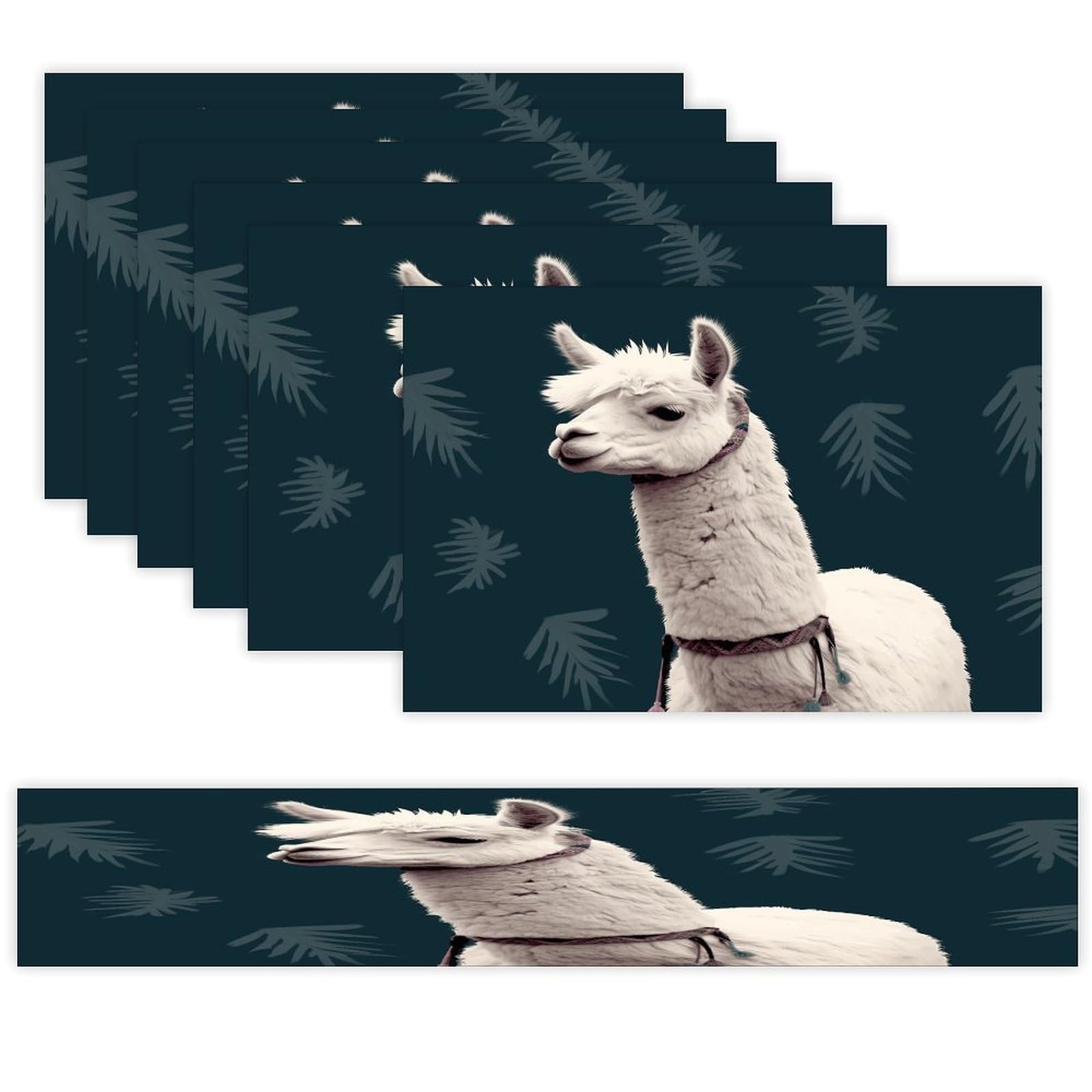 Alpaca Llama Table Runner and Placemats Set of 6 Wipe Clean Heat Resistant Table Mat with Table Runner Decorations Flax Linen Place Mat Set for Home Kitchen Party Supplies