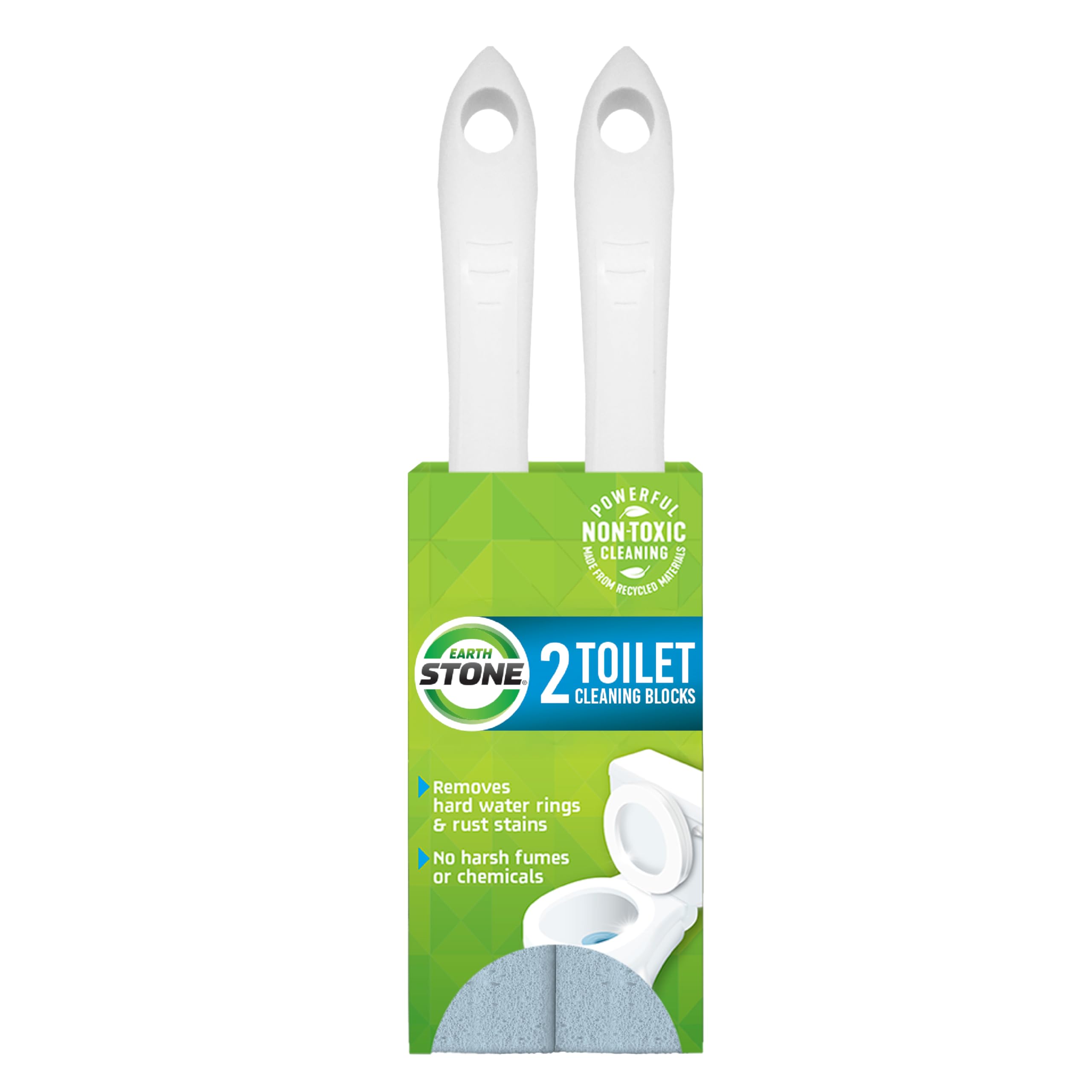 EarthStone Toilet Cleaning Block with 9" EZ-Grip Built-In Handle, Removes Hardwater and Rust Stains, Made in the USA, 2-Pack