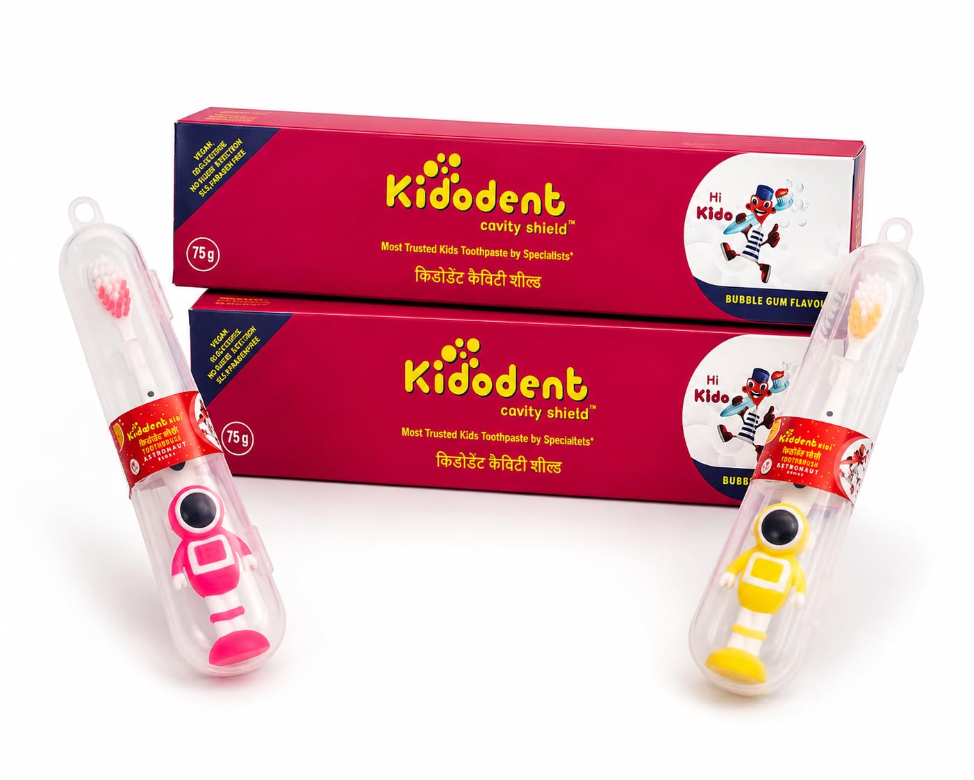 Kidodent Cavity Shield Toothpaste + Kidi Astronaut Toothbrush Combo Pack (2+2) | Bubble Gum Flavour, Dentist Recommended, Vegan, SLS/Paraben/GMO Free Kids Toothpaste-picture-21