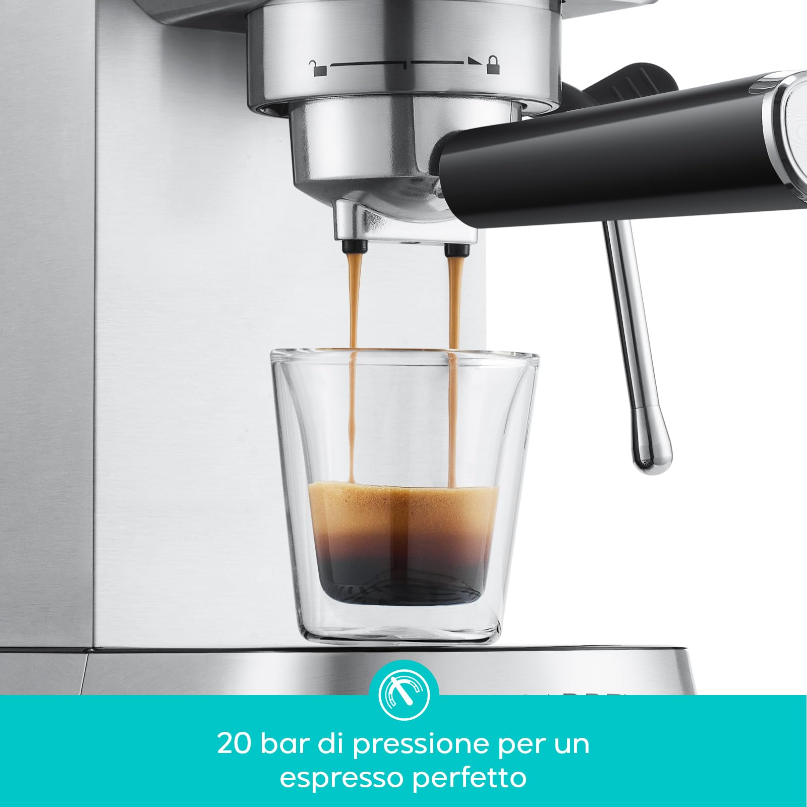 CASABREWS Macchina Caffè Macinato, 20 Bar Macchina da Caffè Espresso Manuale e Cappuccino, Per Polvere, Serbatoio Estraibile 1L, 1350W, Piano Scaldatazze, Inox, Argento