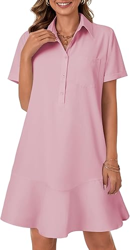 OPOIPIN Women's Collared V Neck Short Sleeve Button Up Ruffle Hem Shirt Tunic Mi