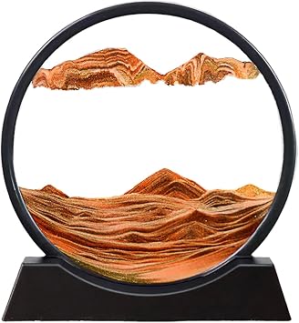 SOFLIY 3D Dynamic Sand Art Liquid Motion, Moving Sand Art Picture Round Glass 3D Deep Sea Sandscape in Motion Display Flowing Sand Frame Relaxing Desktop Home Office Work Decor Orange, 12"