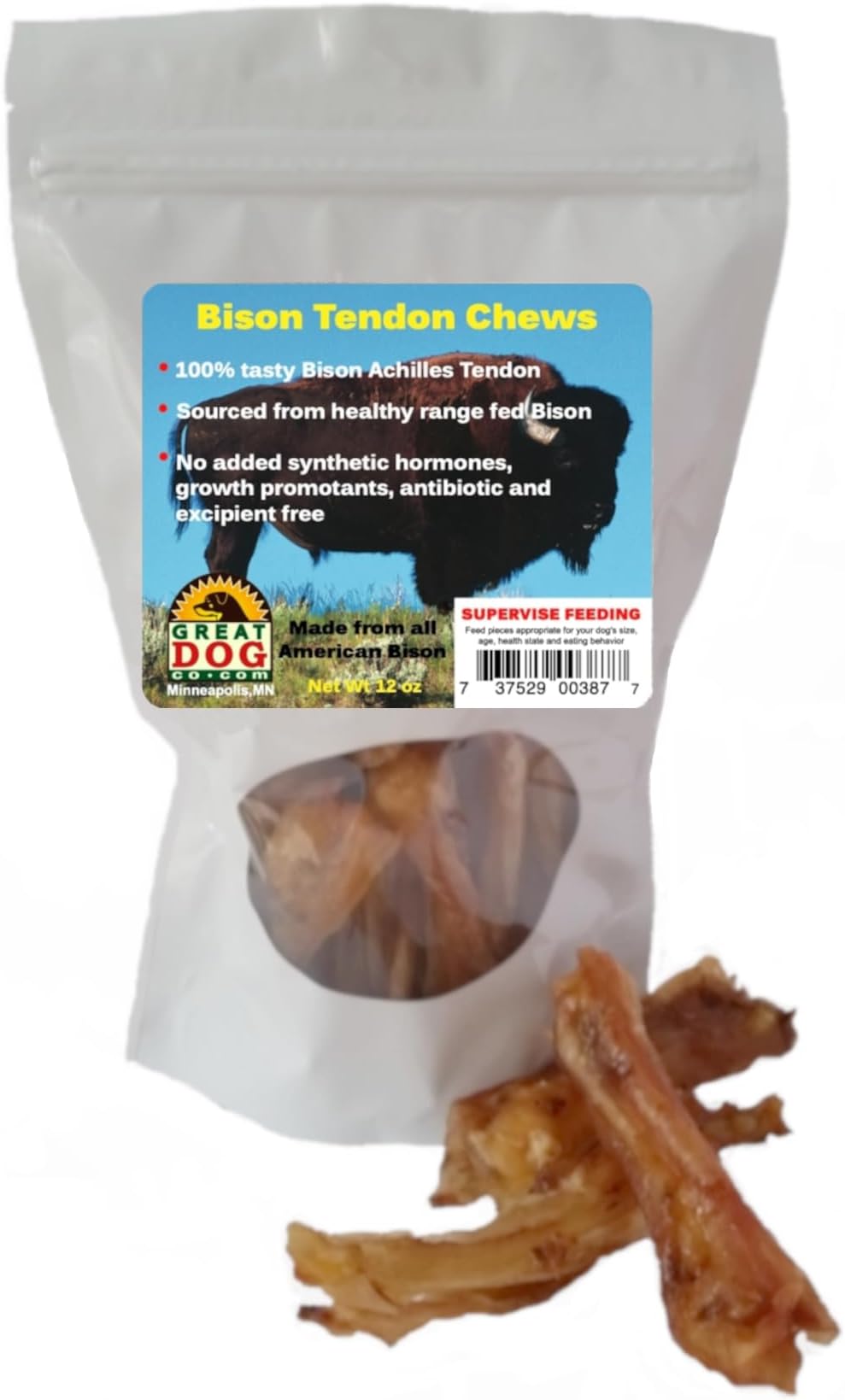 Great Dog Bison Achilles Tendon Chews โ 12 oz Bag | All-Natural, Long-Lasting, USA Sourced & Made | Hypoallergenic, Grain-Free Dog Treats for Small to Medium Dogs