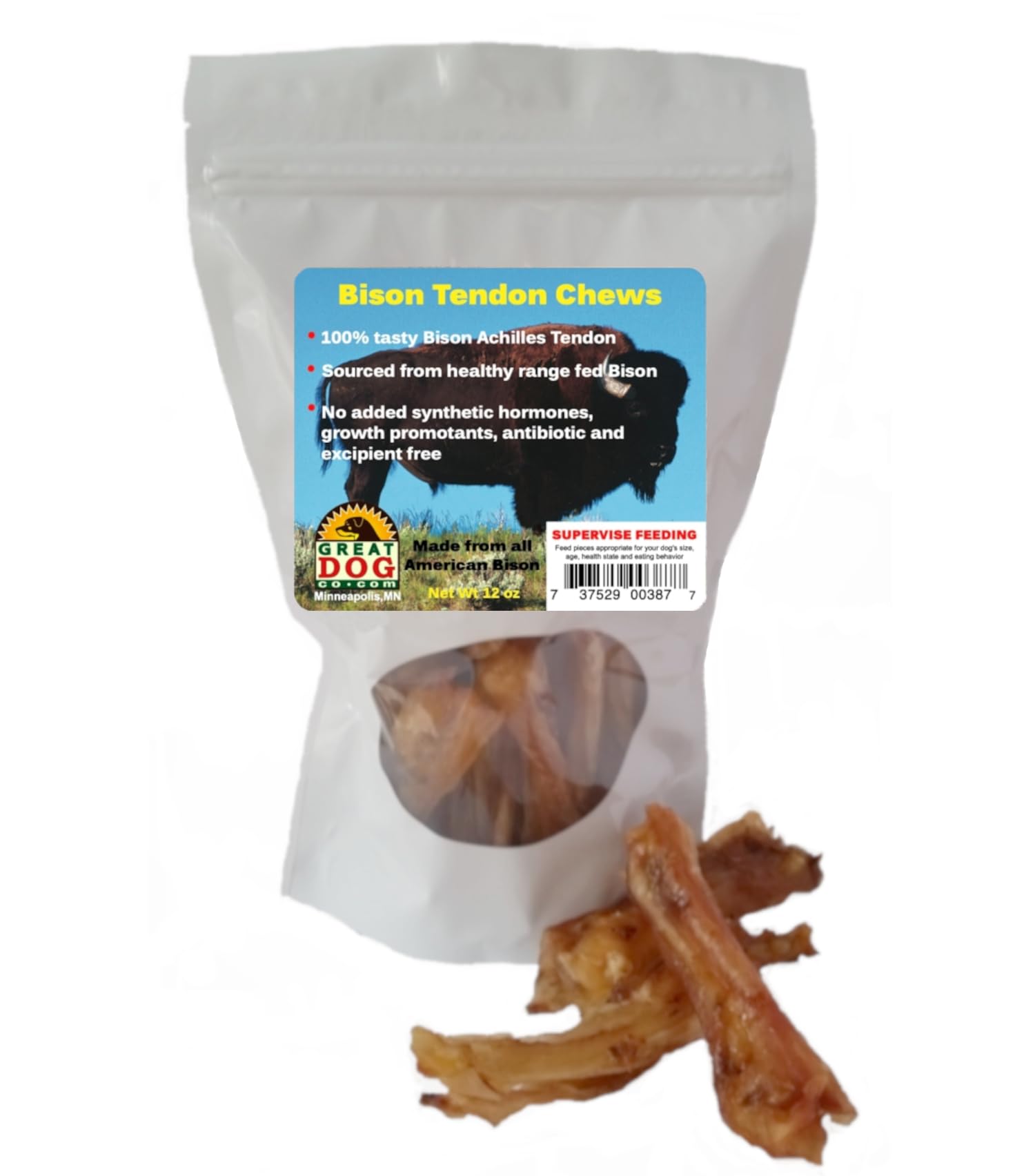 Great Dog Bison Achilles Tendon Chews – 12 oz Bag | All-Natural, Long-Lasting, USA Sourced & Made | Hypoallergenic, Grain-Free Dog Treats for Small to Medium Dogs