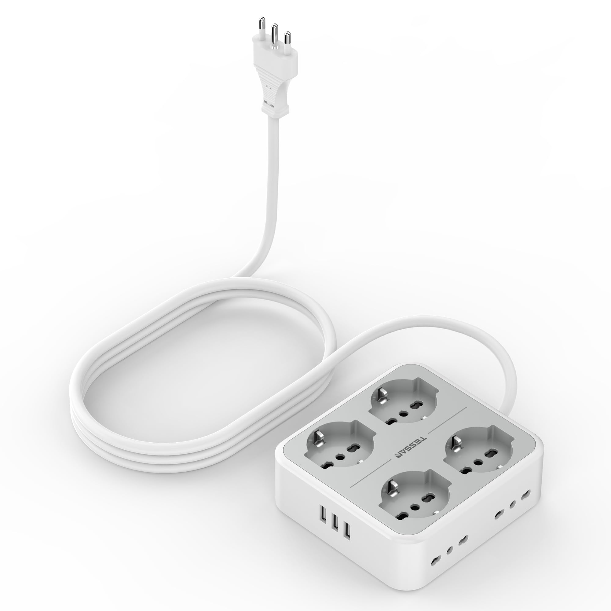 TESSAN Ciabatta Multipresa con USB, Presa Multipla con 4 Schuko e 4 Bivalenti 10A/16A, Multipresa Elettrica con Interruttore e 3 USB A, Ciabatta Elettriche 3680W con Prolunga Elettrica 3M, Grigio