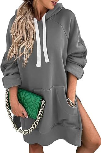 SHEWIN Vestido Sudadera Casual de Talla Grande para Mujer, Manga Larga, Dobladillo Dividido, con Cordón Ajustable, con Bolsillo Canguro