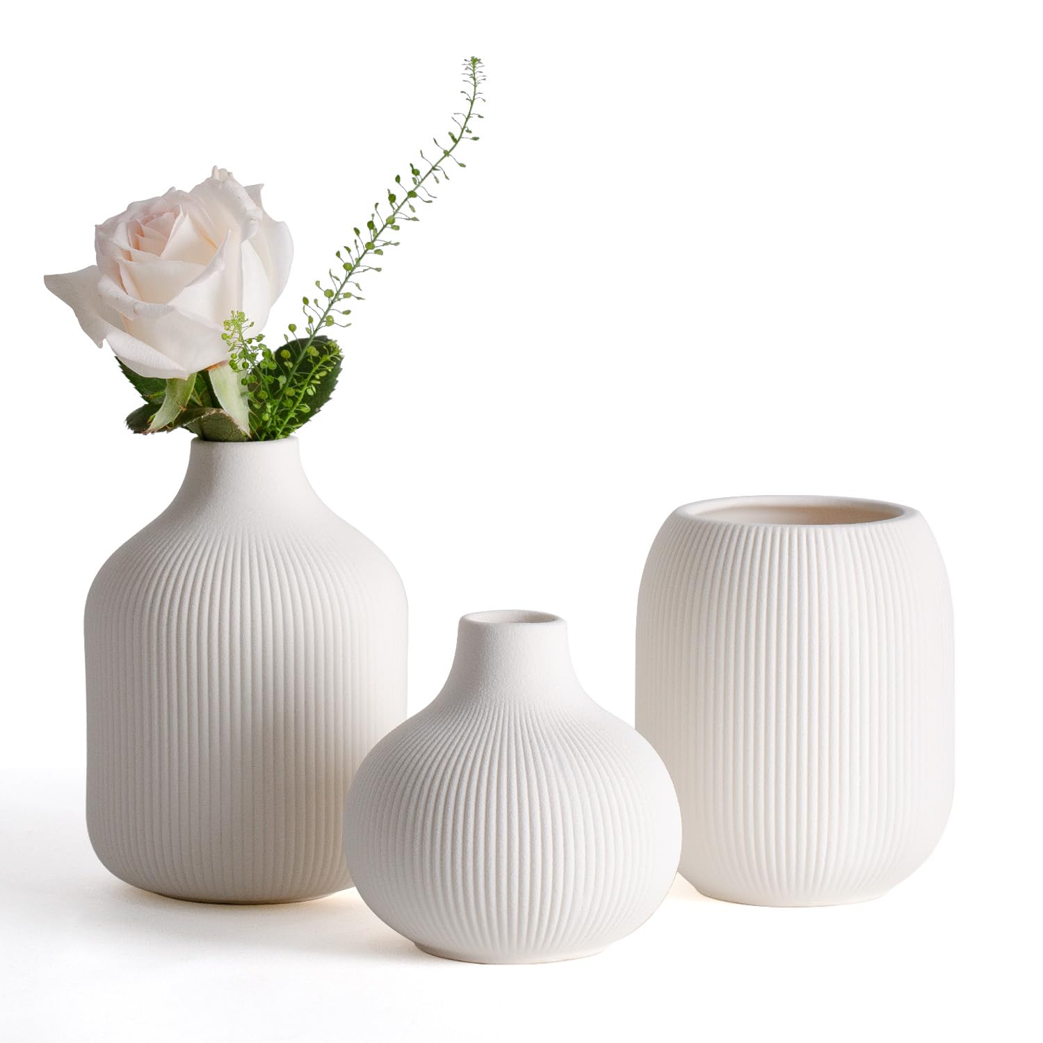 Dnnnii Modernes Keramikvasen-Set 3 Stück mit Rillenstruktur, Perfekt für Neutrale & Übergangs-Dekoration, Minimalistische Vasen für Wohnzimmer, Schlafzimmer und Büro