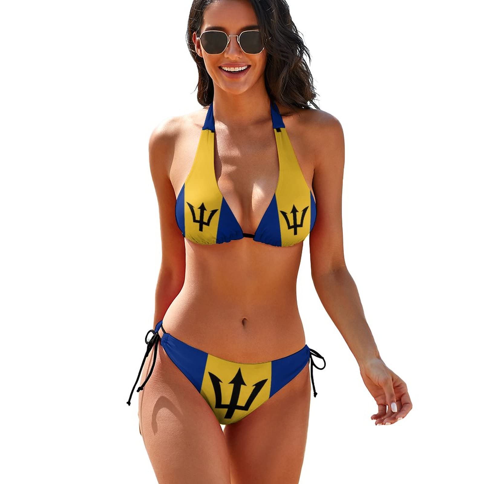 Sjoaoaa Women's Style Flag Of Barbados Two Piece Halter String Triangle Bikini Setstankini Swimsuit For