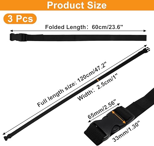 Miniatura 2 de 3 piezas de correas de amarre negras ajustables de nylon con hebillas de 1" x 47" (3.9 pies) con liberación rápida, correas de amarre para