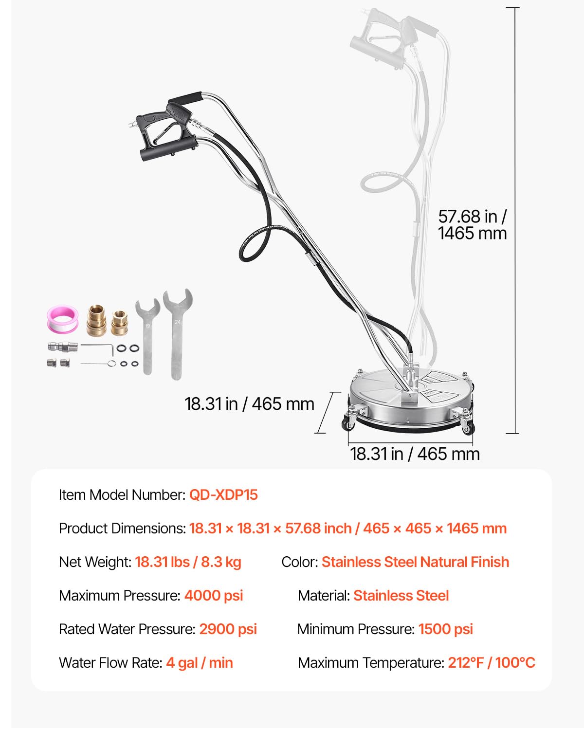 VEVOR Limpiador de Superficies con Hidrolavadora, Acero Inoxidable, 4 Ruedas, Forma Redondo, 27,58 Mpa máx., 2 Boquillas Rociadoras, Mango Doble, para Concreto, Patio, Acera, 465 x 465 x 1465 mm