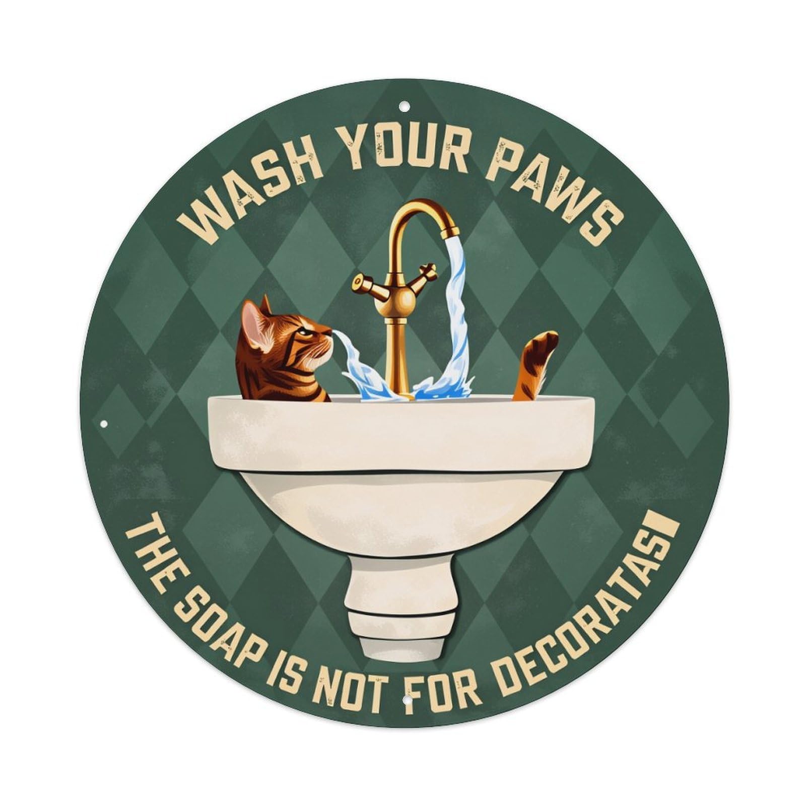 Cat In Sink With Water And Tap Round Vintage Tin Sign,Retro Wall Art,Metal Poster for Home, Bar, Garage, Cafe, Rustic Indoor & Outdoor Decor, 8x8 Inches