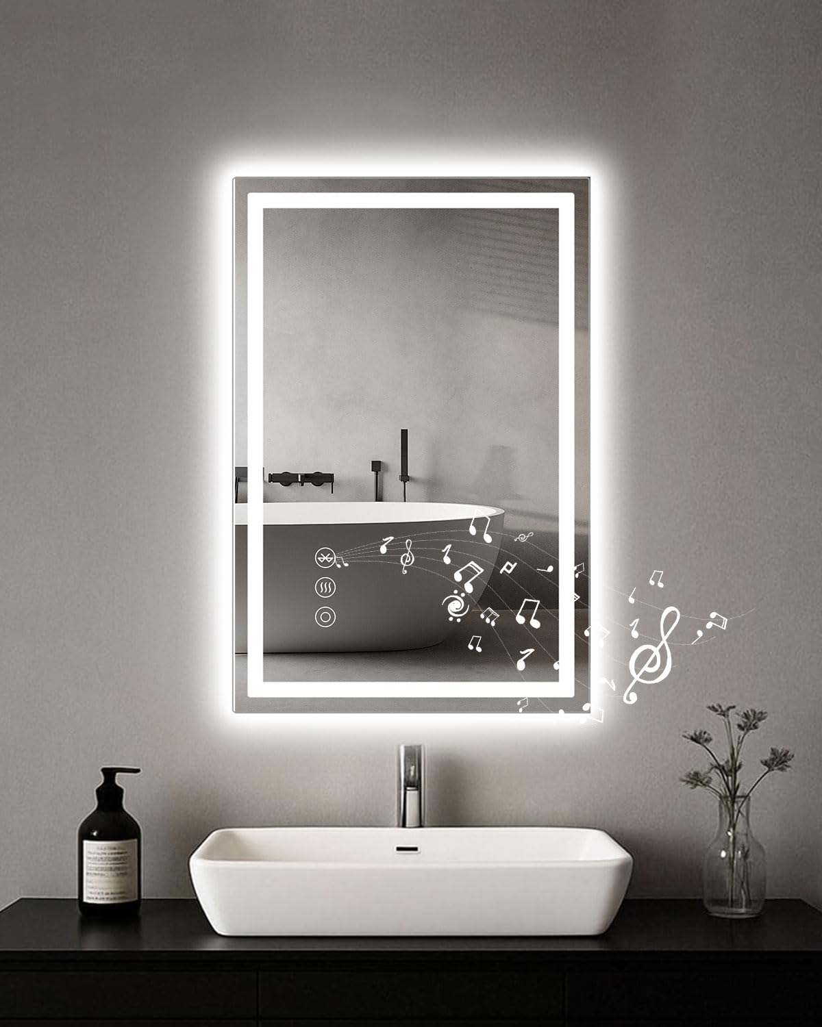 Miroir de salle de bain, LED, 40 x 60 cm, avec éclairage et interrupteur tactile Bluetooth, à intensité variable, couleur de la lumière 3 températures de couleur, anti-buée, avec lumière