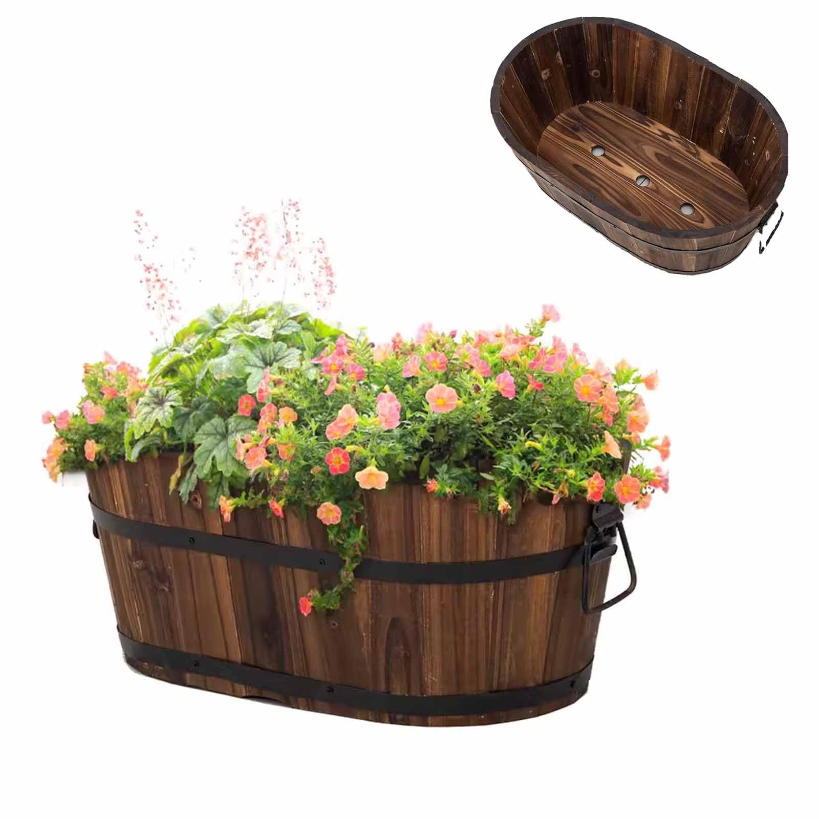 Dalumian Wooden Flower Boxes, Vintage Wooden Barrel Planter with Iron Handles, Decoration Flower Pots w/Drainage Holes, Whiskey Barrels Bucket for Garden Patio Backyard, Brown(Large)