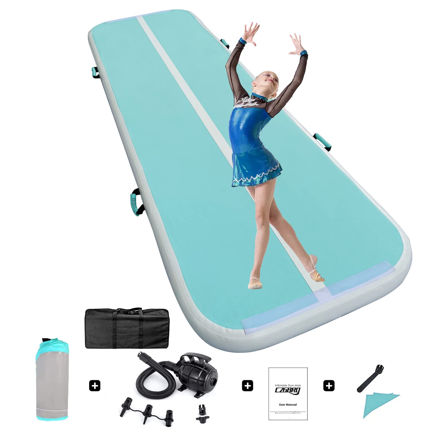 Photo 1 of *VIEW NOTES* Gymnastics Mats Tumbling Track Mat, Air Mat Tumble Track Inflatable Training Mat 4 inch Thickness With Carry Bag Electric Pump For Home Use, Cheerleading, Yoga, Water Exercise Green & White 20ftx3.3ftx4inch