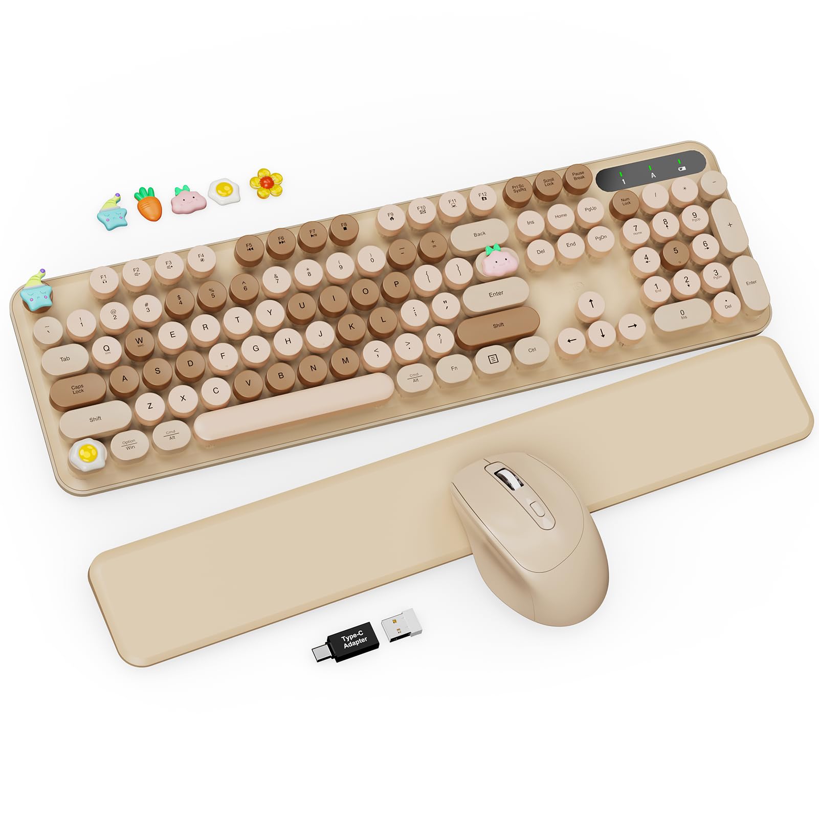 Tastiera wireless e mouse combinata, graziosa tastiera per macchina da scrivere con poggiapolsi staccabile, tasti rotondi retrò, gambe pieghevoli, tastiera full-size da 2,4 GHz per PC, laptop, Mac,