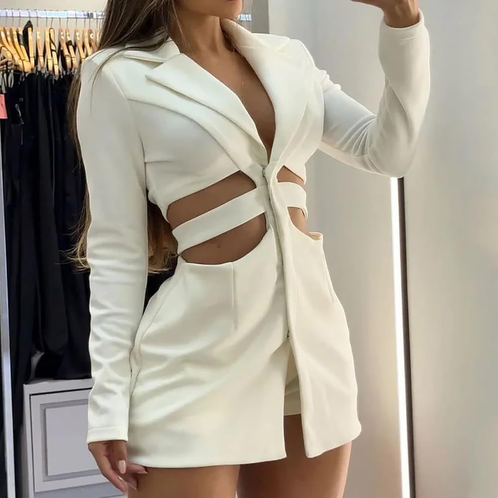 Vestido de Traje con Solapa Hueca, Elegante Minivestido Blazer de Verano para Mujer, Manga Larga, con Aberturas, Escote en V Profundo, Corte A, Sexy