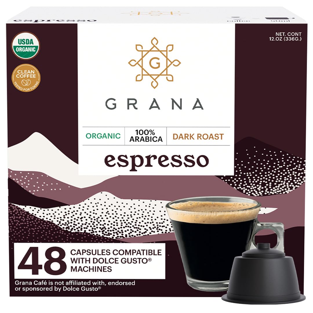 G GRANA Espresso USDA Organic Dolce Gusto Compatible Coffee Pods, 100% Arabica Single Source Specialty Coffee, 48 Single Serve Pods