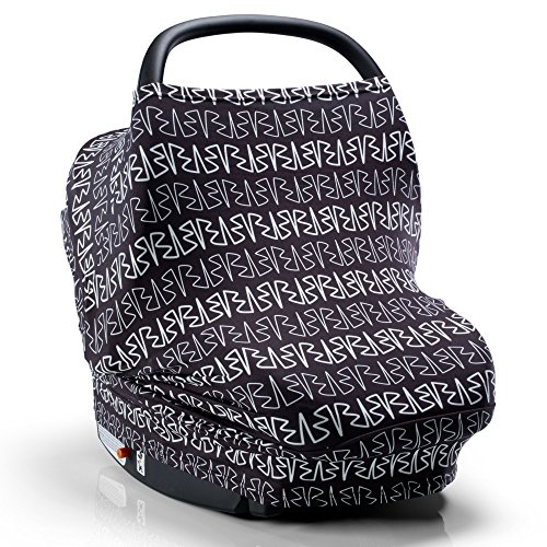 Nursing Scarf Breastfeeding Cover, 4 in 1 Stretchy Carseat Canopy | Certified BPA Free Nursing Cover, Multi Use Baby Car Seat Canopy, Shopping Cart, Stroller Cover, Infinity White RIE Pattern on Black