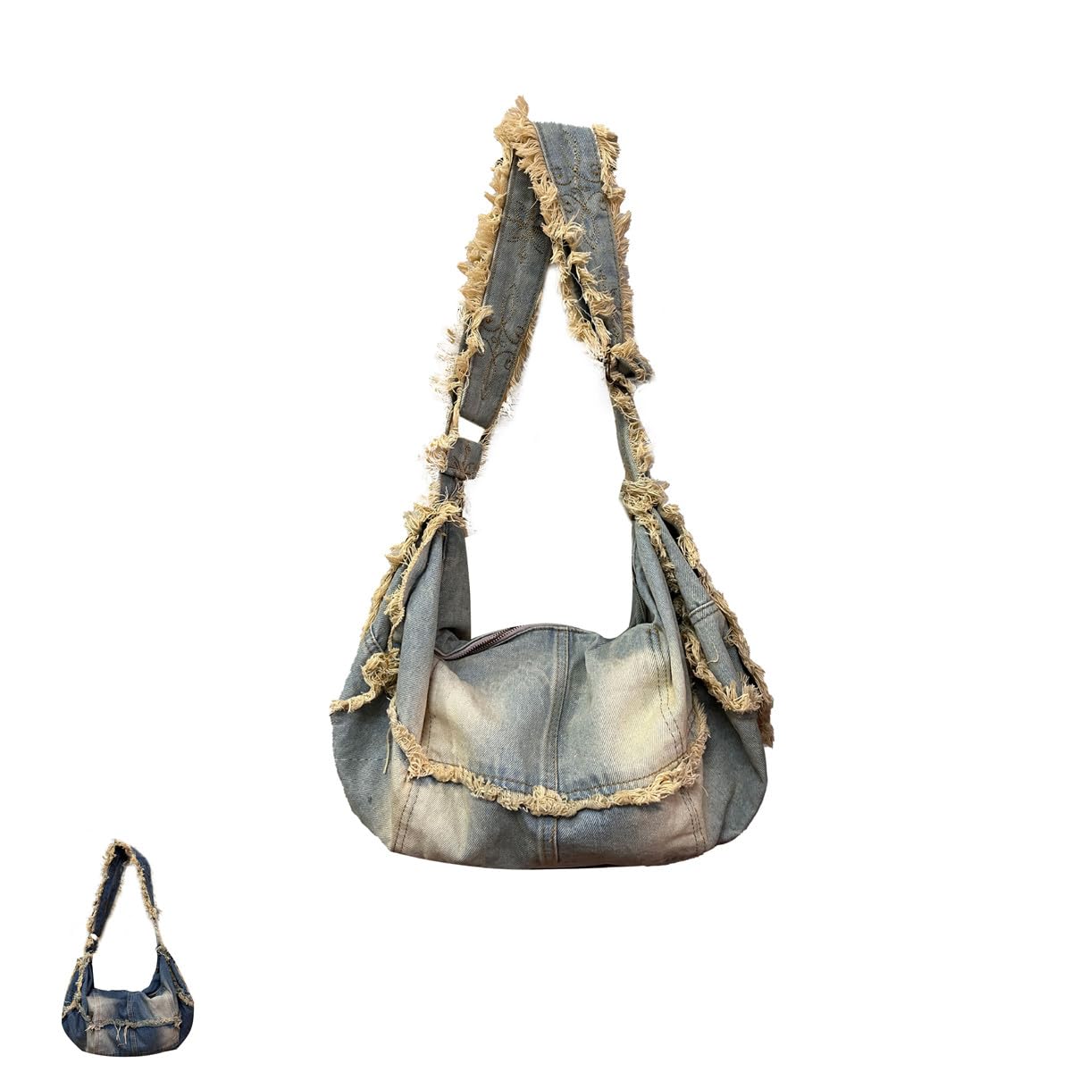 Ripped Jeans Crossbody Bag for Women Purse with Zipper Distressed Denim Shoulder Bag Casual Streetwear Purse