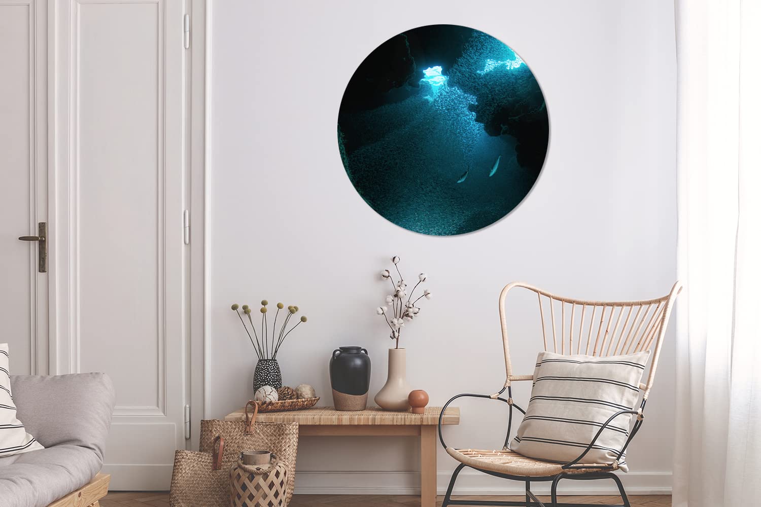 MuchoWow Wandbild Rund Wanddeko Deko Wohnzimmer Bilder 90x90 cm Fische schwimmen in einer Höhle mit stechendem Sonnenlicht auf Grand Cayman