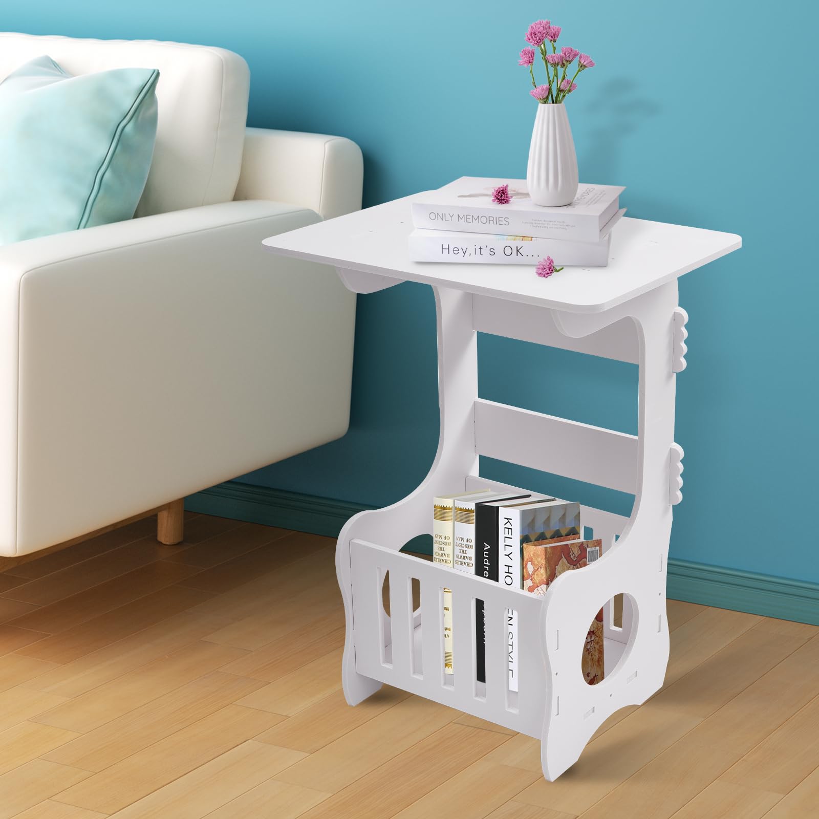 M.J COMFY-LIFE Slim Side Table 3-Tier Storage Table Narrow Bedside Storage Shelves, White Modern Nightstand for Small Spaces Bedroom Living Room Hallway Home Office (Square desktop, White)