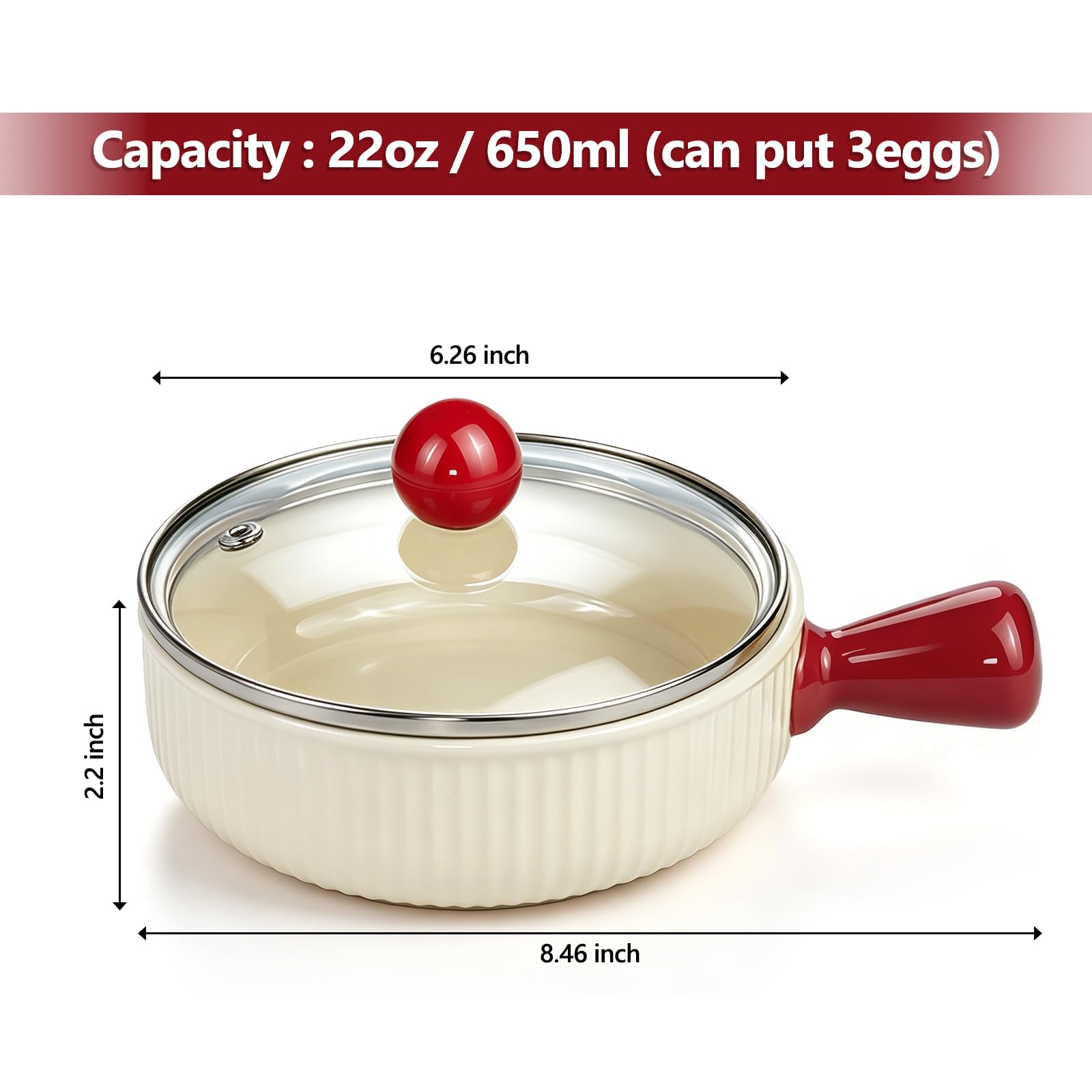 Cuociuova in ceramica per microonde, antiaderente, strapazzato con coperchio, senza BPA e senza plastica, cottura rapida con coperchio e mano cava, lavabile in lavastoviglie (rosso)