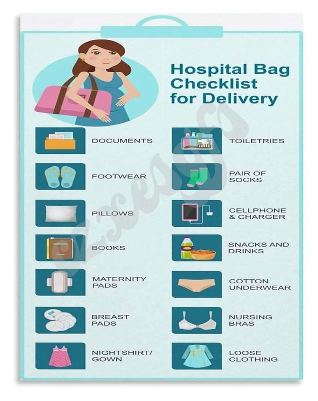 ZDVHOMCB Ultimate Hospital Bag Checklist Poster Labor Delivery Preparation Guide for Parents Pregnancy Third Trimester Framed,12x18inch(30x45cm)