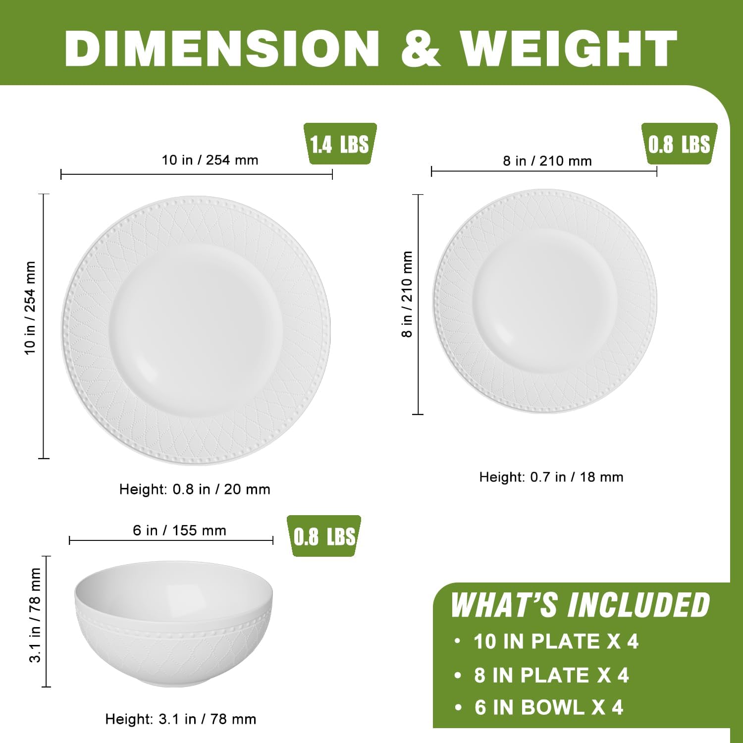 Yoshy 12-Piece White Embossed Mesh Bone China Dinnerware with Lightweight Durable Chip Resistant Design Service for 4 - Image 7
