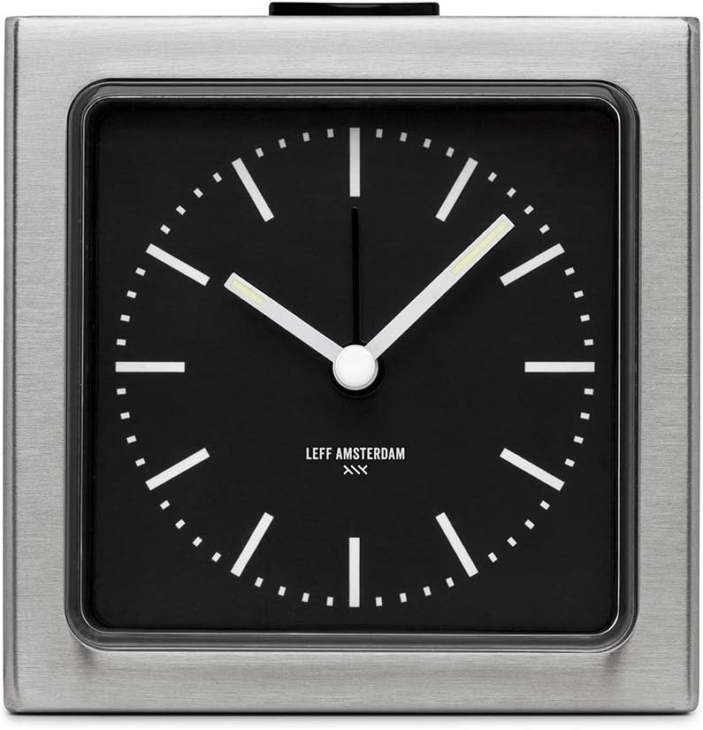 LEFF Amsterdam 8.5 x 8.5 x 6 cm Stainless Steel Block Alarm Clock in Silver Black Face