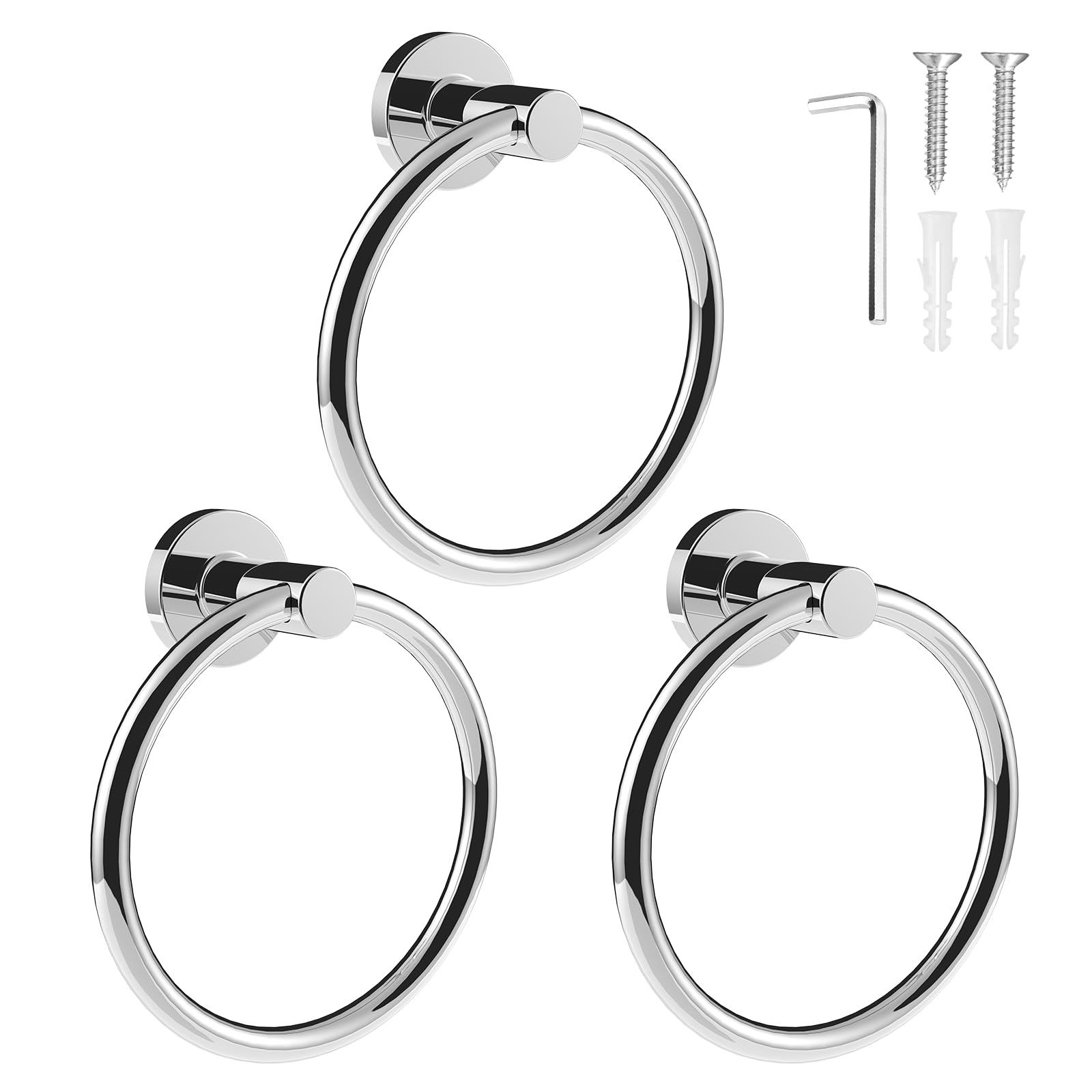 SetSail Towel Holder for Bathroom Wall Screw-in 3 Packs Towel Ring Stainless Steel Heavy Duty Hand Towel Hanger for Bathroom, Mirror Silver
