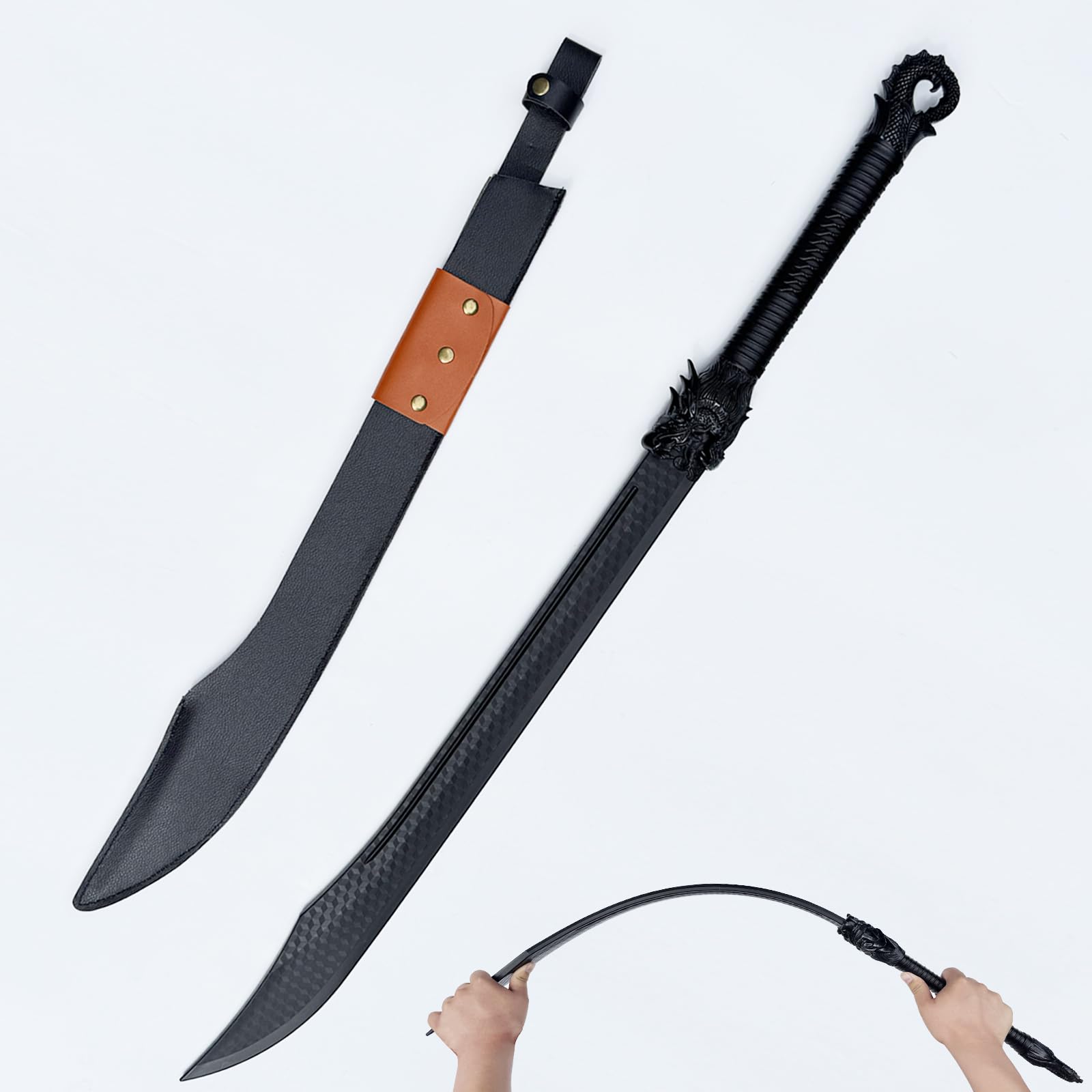 High Strength Polypropylene Martial Arts Training Sword Unbreakable PP Plastic with Leather Sheath, Dragon Hilt Design，Black Practice Katana Sword