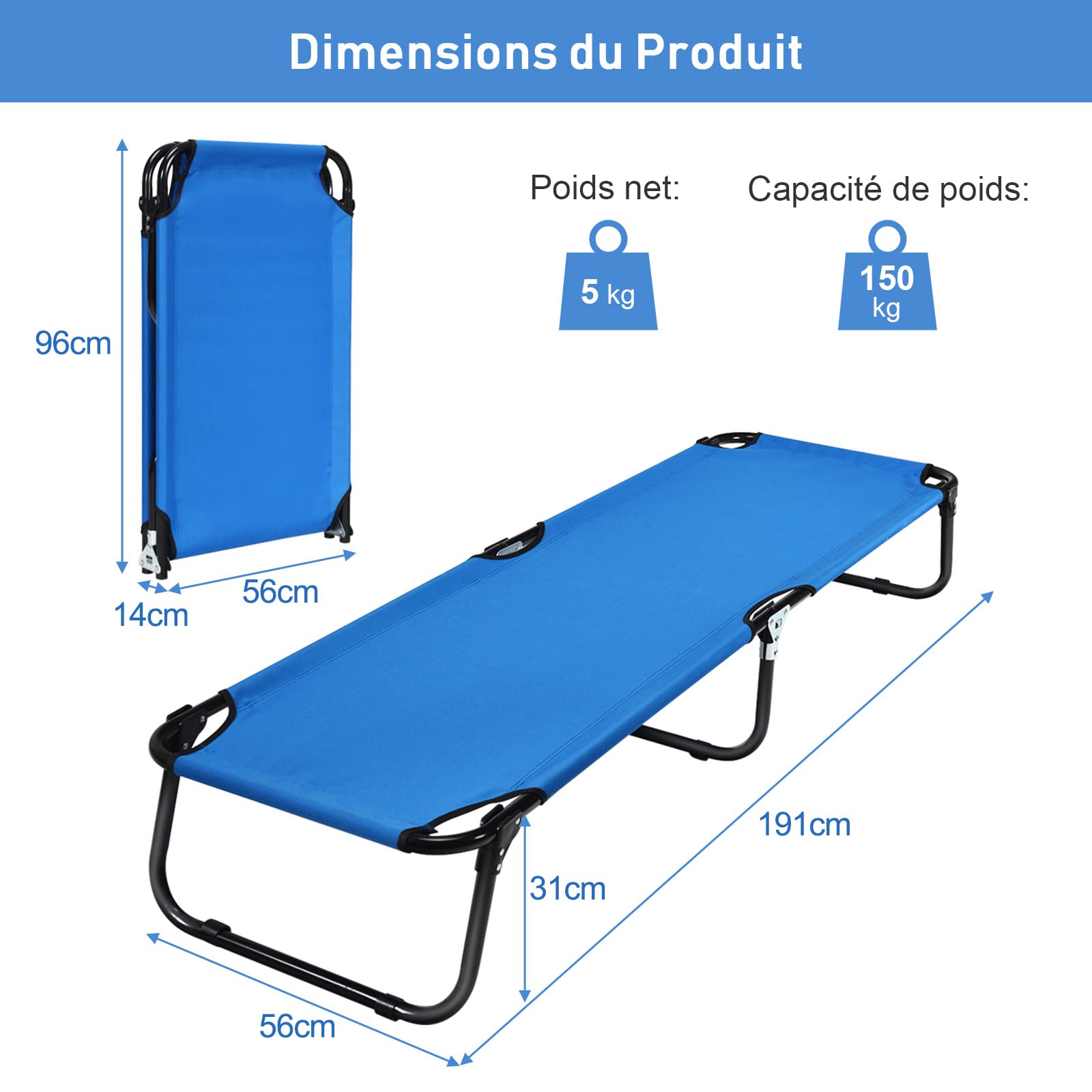 GOPLUS Lit de Camping Pliant, Lit de Camp Portable de 191 cm avec Cadre en Acier, Tissu Oxford, Lit de Couchage Militaire/Armée Extérieure, Lit de Couchage Léger pour Camping, Chasse, Randonnée