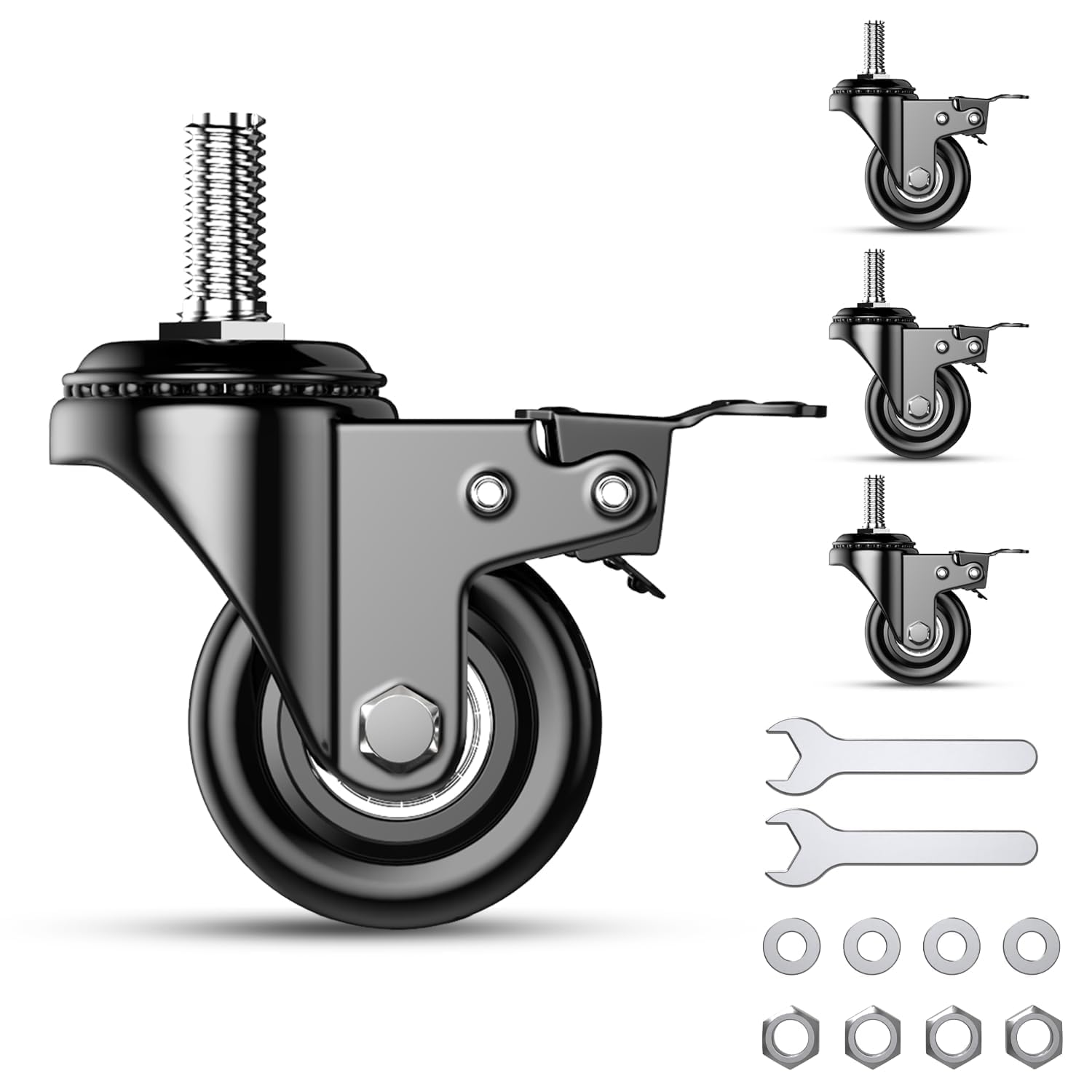 Sohnvwtgd Black-1/2"-13X1" 2 Inch Caster Wheels, Threaded Stem Casters Set Of 4, 1/2"-13 X 1(Stem Diameter 1/2", Stem Length 1"), Locking Swivel Caster Wheels With Brake 600Lbs