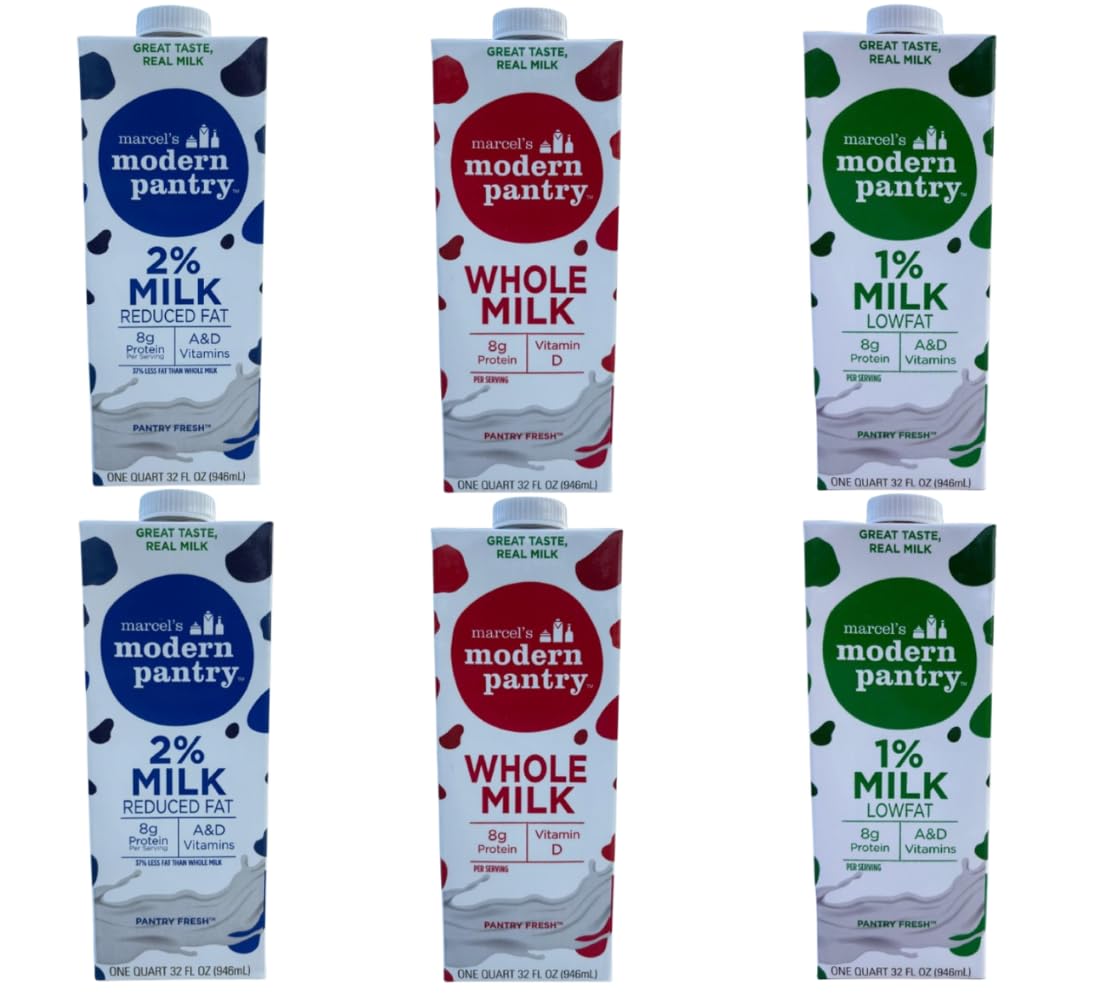 Convenient Shelf-Stable Milk 6-Pack – Includes 2%, 1%, and Whole Milk – 32oz Cartons for Travel, Cooking, and Everyday Use
