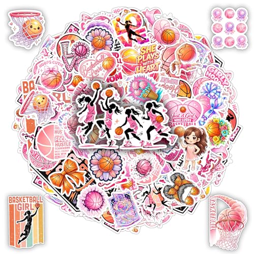 BETANAS Paquete de 100 calcomanías de baloncesto para mujer, calcomanías impermeables de vinilo deportivo rosa, gráficos de corazón para coche, laptop, botella de agua, álbumes de recortes, regalos