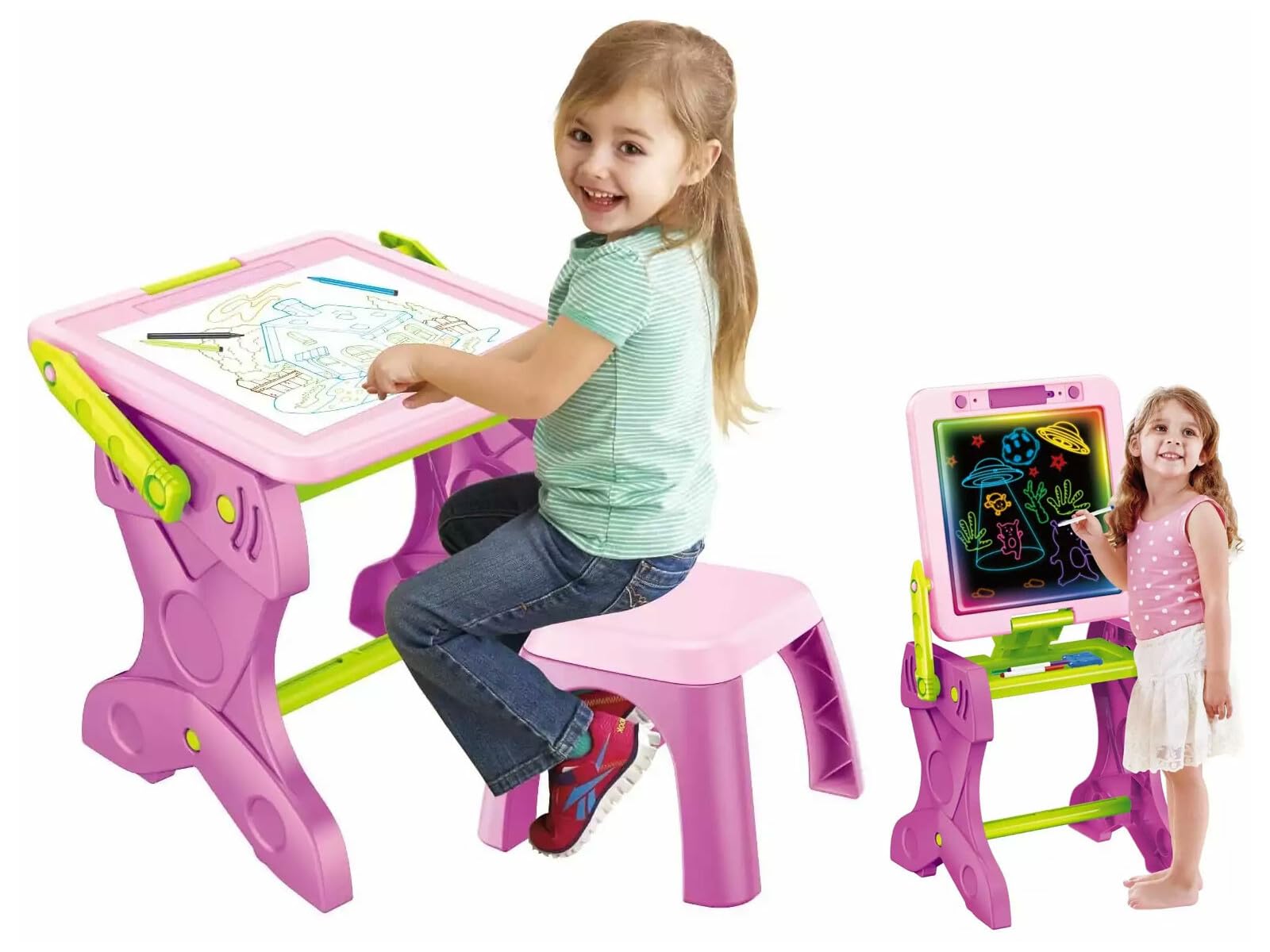 Pupitre Rosa 2 en 1 con Luz LED y Taburete